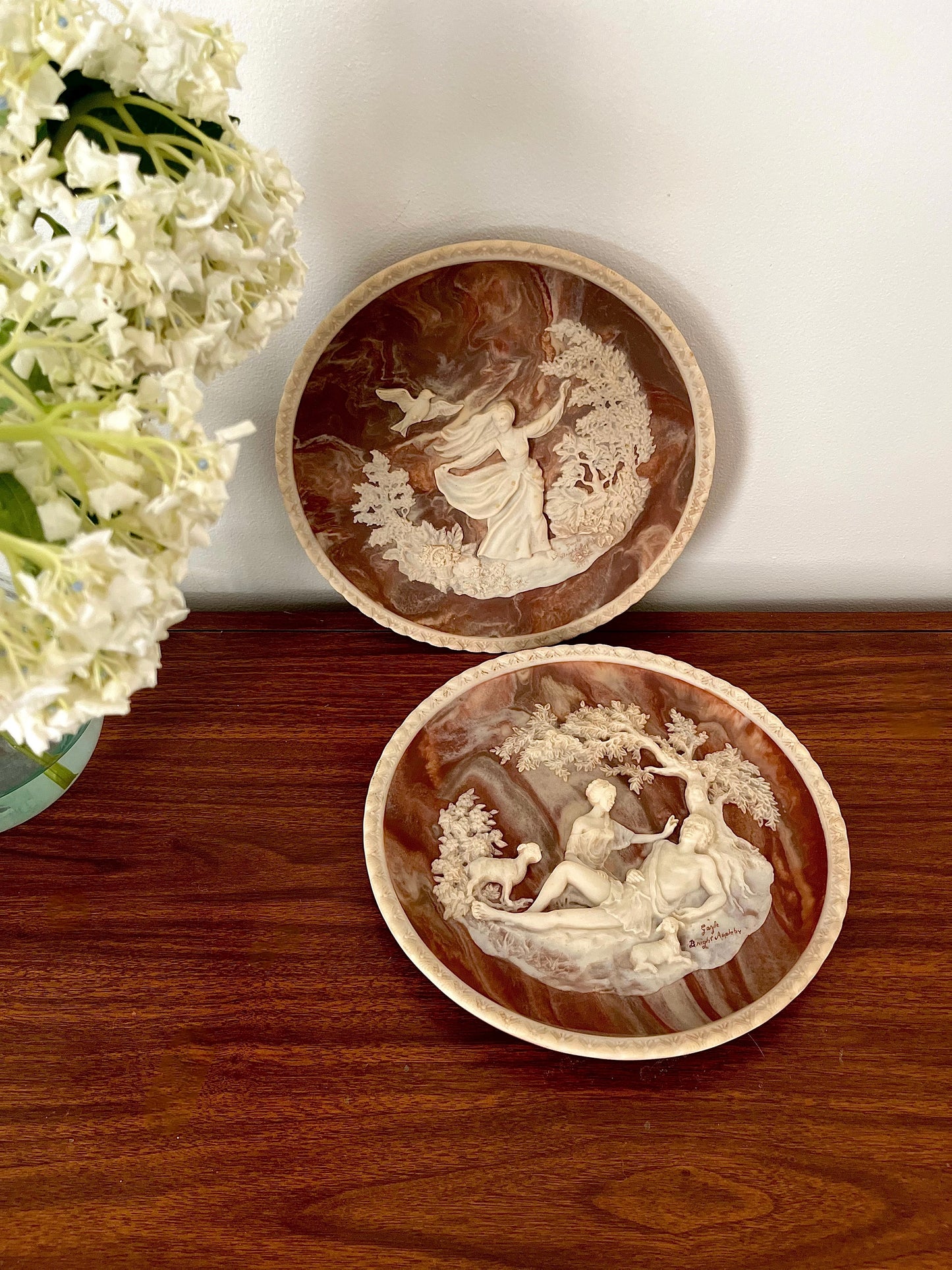 1970s Vintage Incolay Stone Carved Collector's Plates by Gayle Bright Appleby