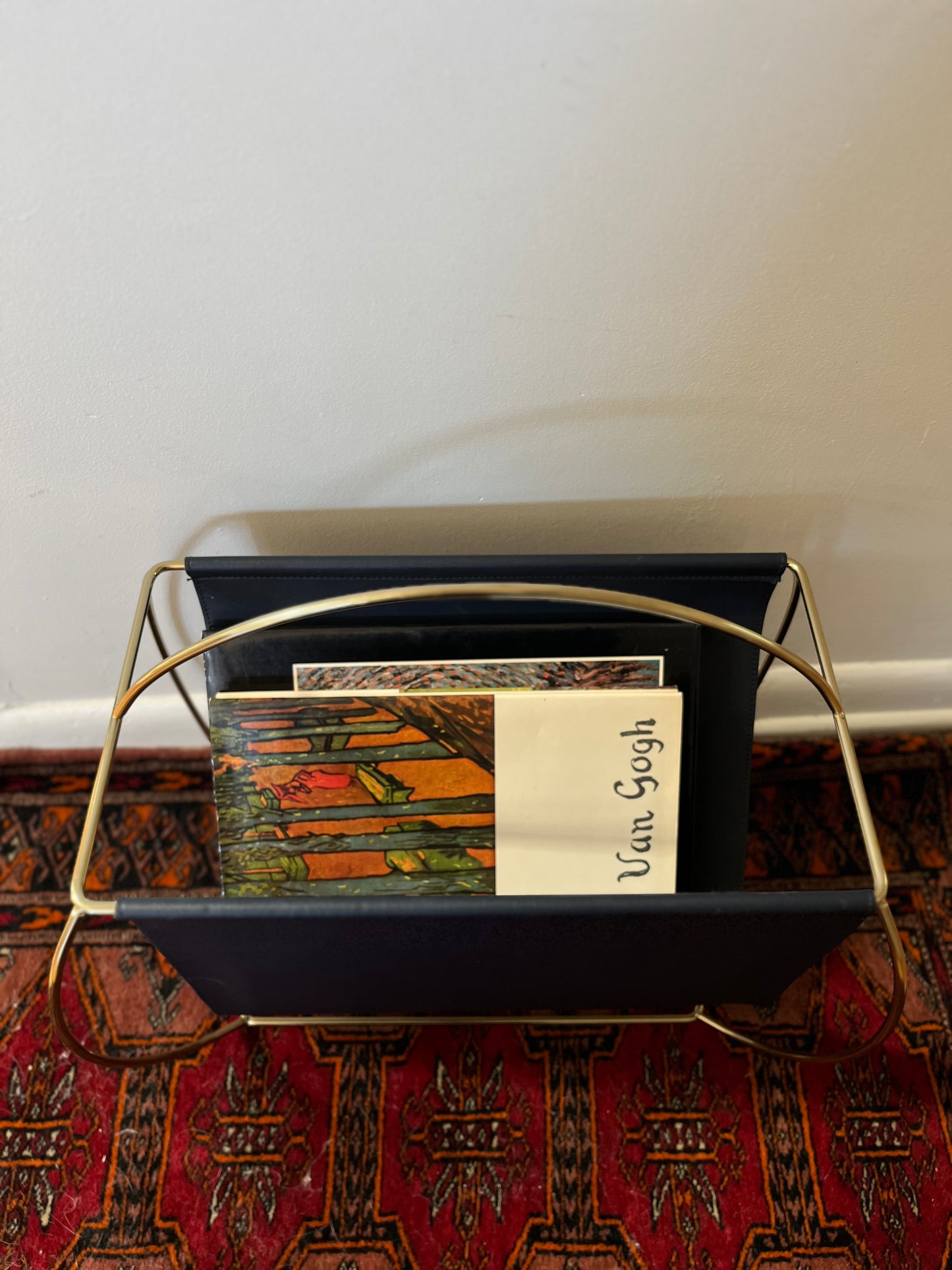 Navy Blue Faux Leather + Gold Metal Magazine Rack