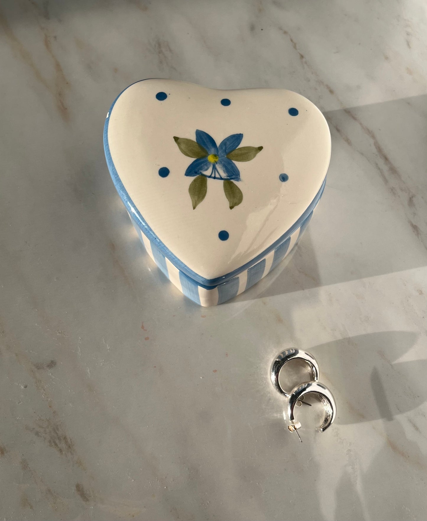 White, Blue Striped Ceramic Floral Heart-Shaped 4" Trinket Ring Jewelry Dish