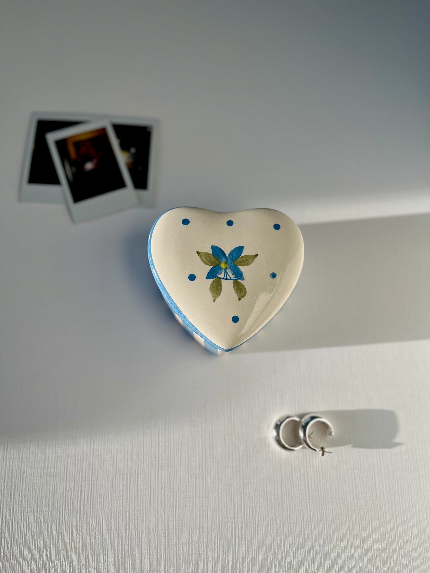White, Blue Striped Ceramic Floral Heart-Shaped 4" Trinket Ring Jewelry Dish