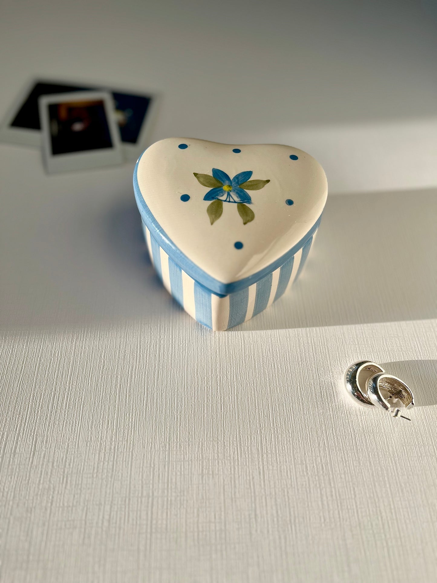 White, Blue Striped Ceramic Floral Heart-Shaped 4" Trinket Ring Jewelry Dish