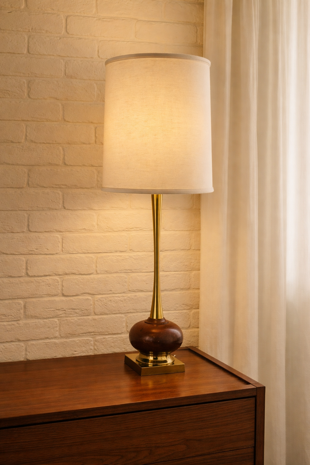 Pair of 1960s Midcentury Brass & Walnut Table Lamps