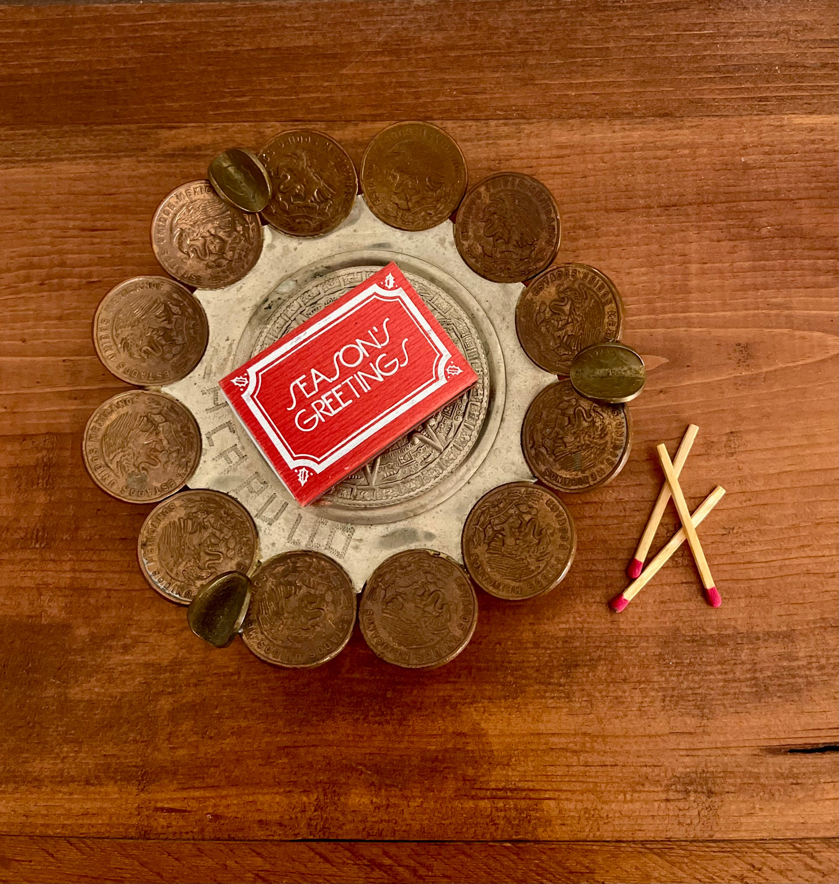 Vintage Mexican Coin Dish with Aztec Calendar Center