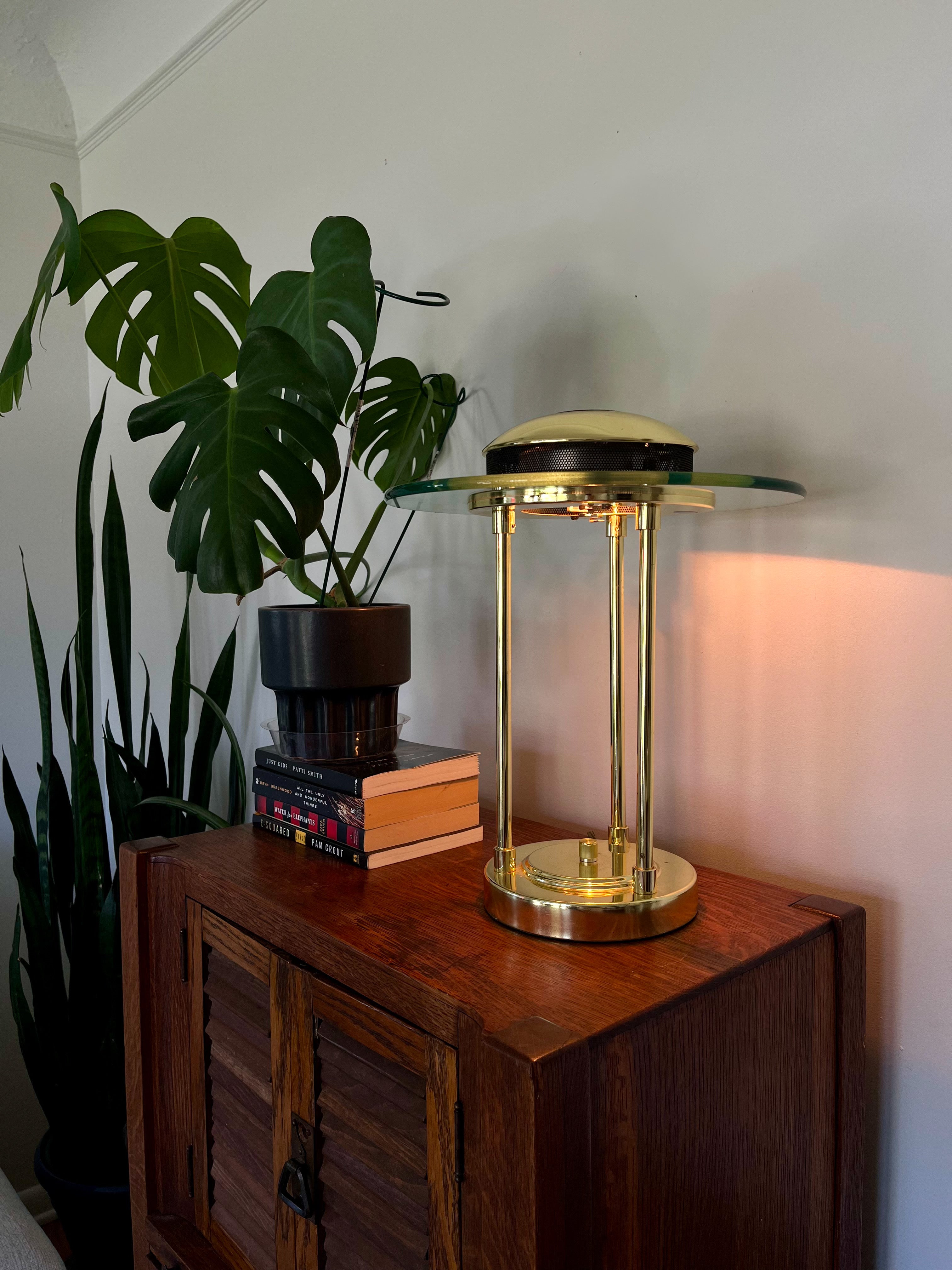 1980s Robert Sonneman Style Saturn Table Lamp – Vintage Brass & Glass Modernist Lighting