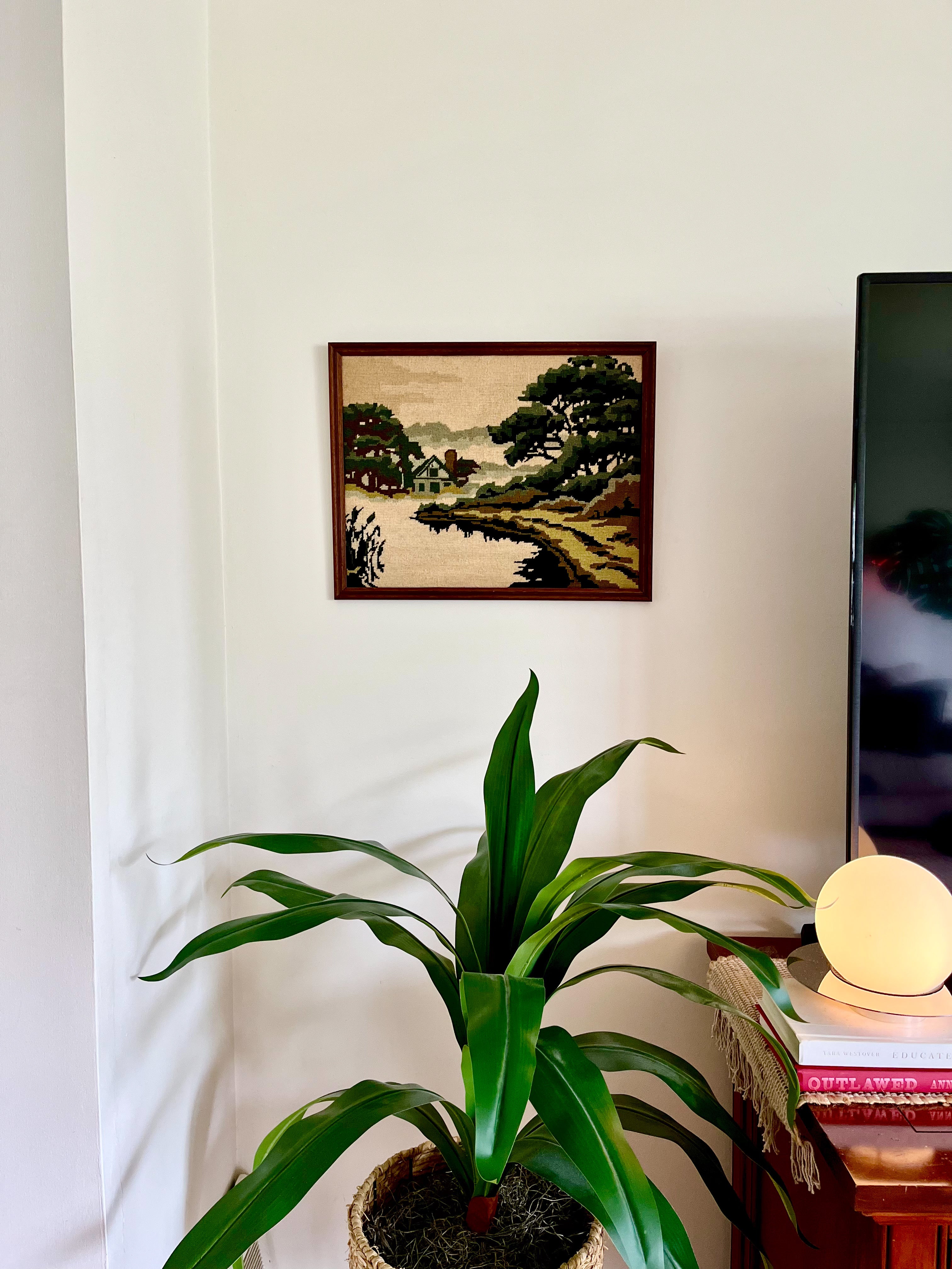 Vintage 1970s Framed Cross Stitch Tapestry Country Scene