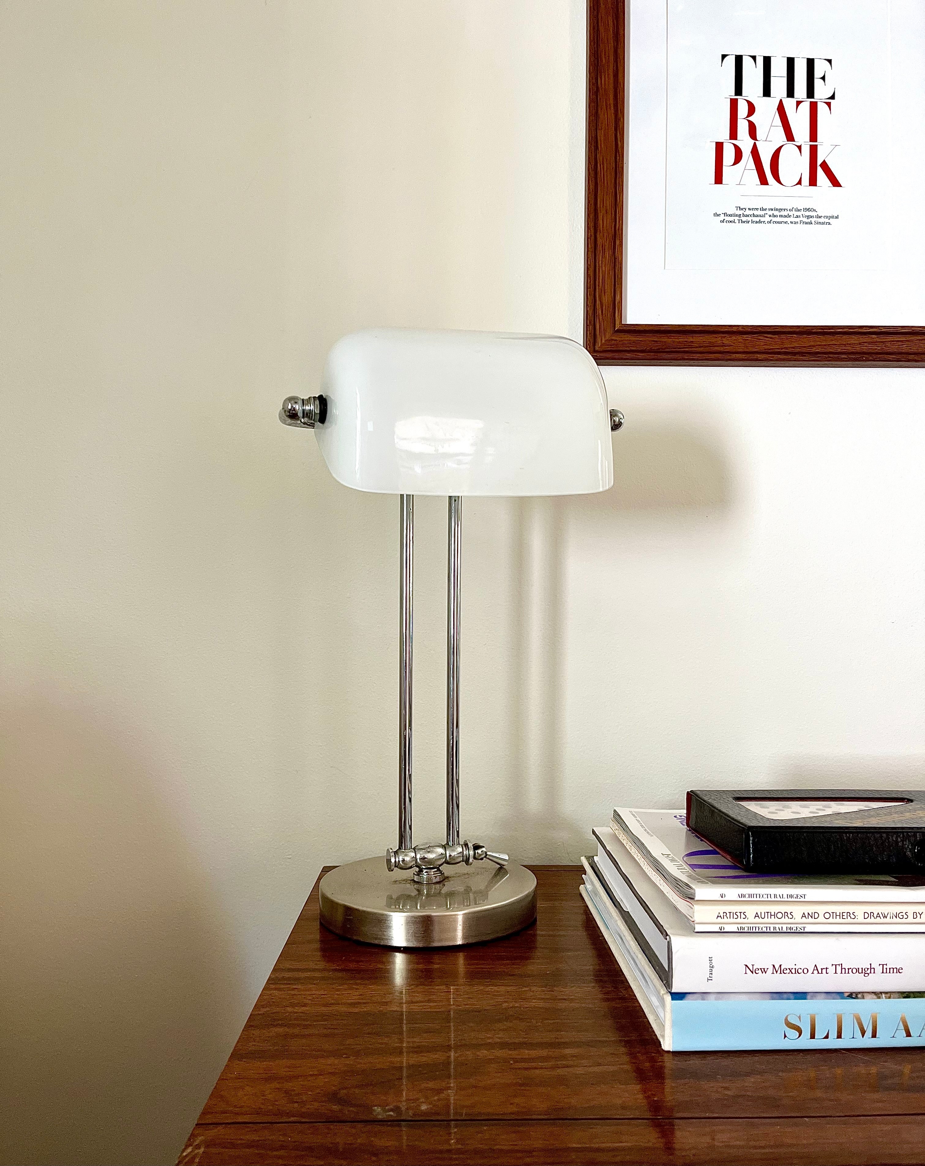 Vintage White Glass Banker’s Lamp – Midcentury Modern Desk Lighting