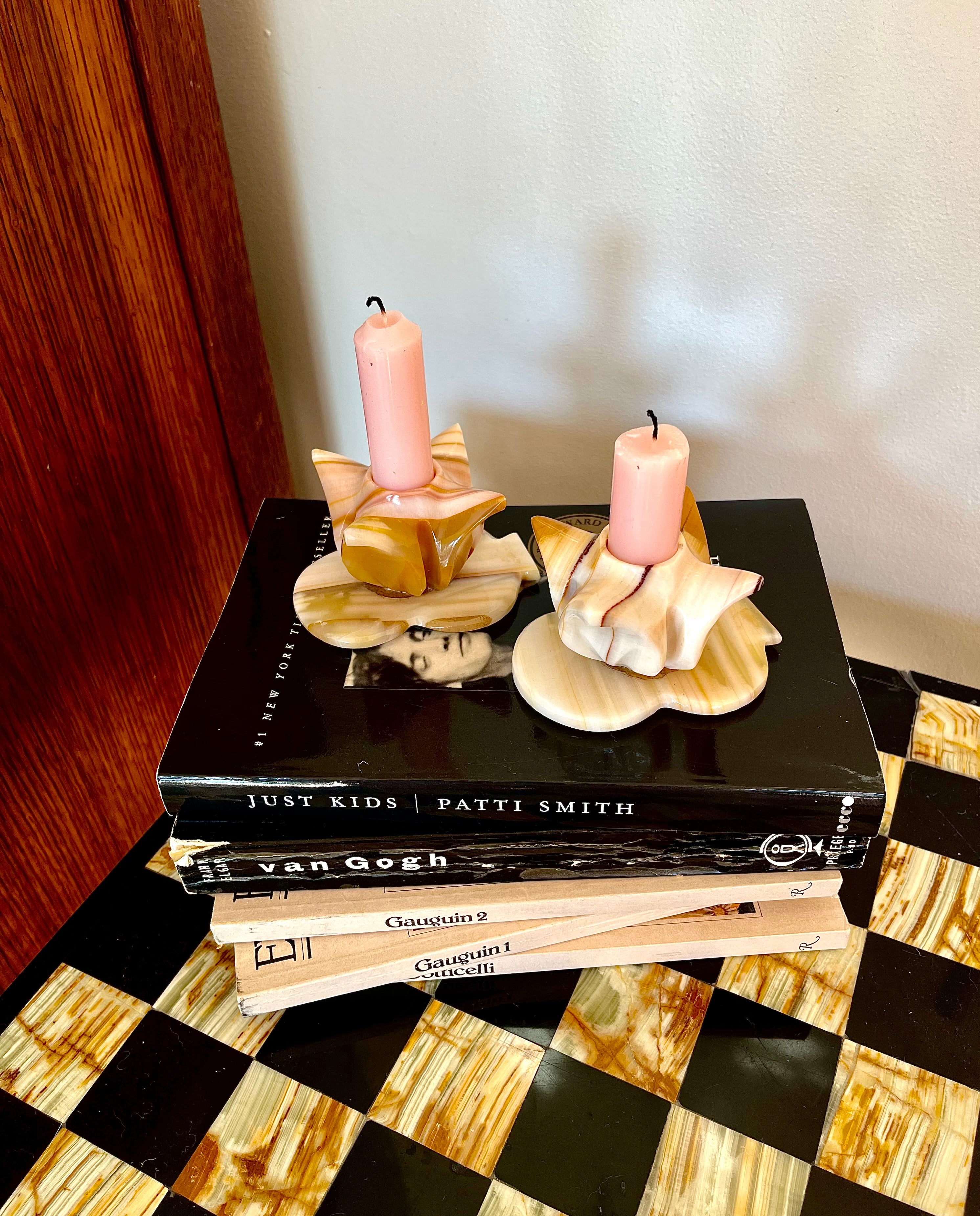 Vintage Onyx Tulip Candle Holders – Midcentury Stone Candle Set (Pair)