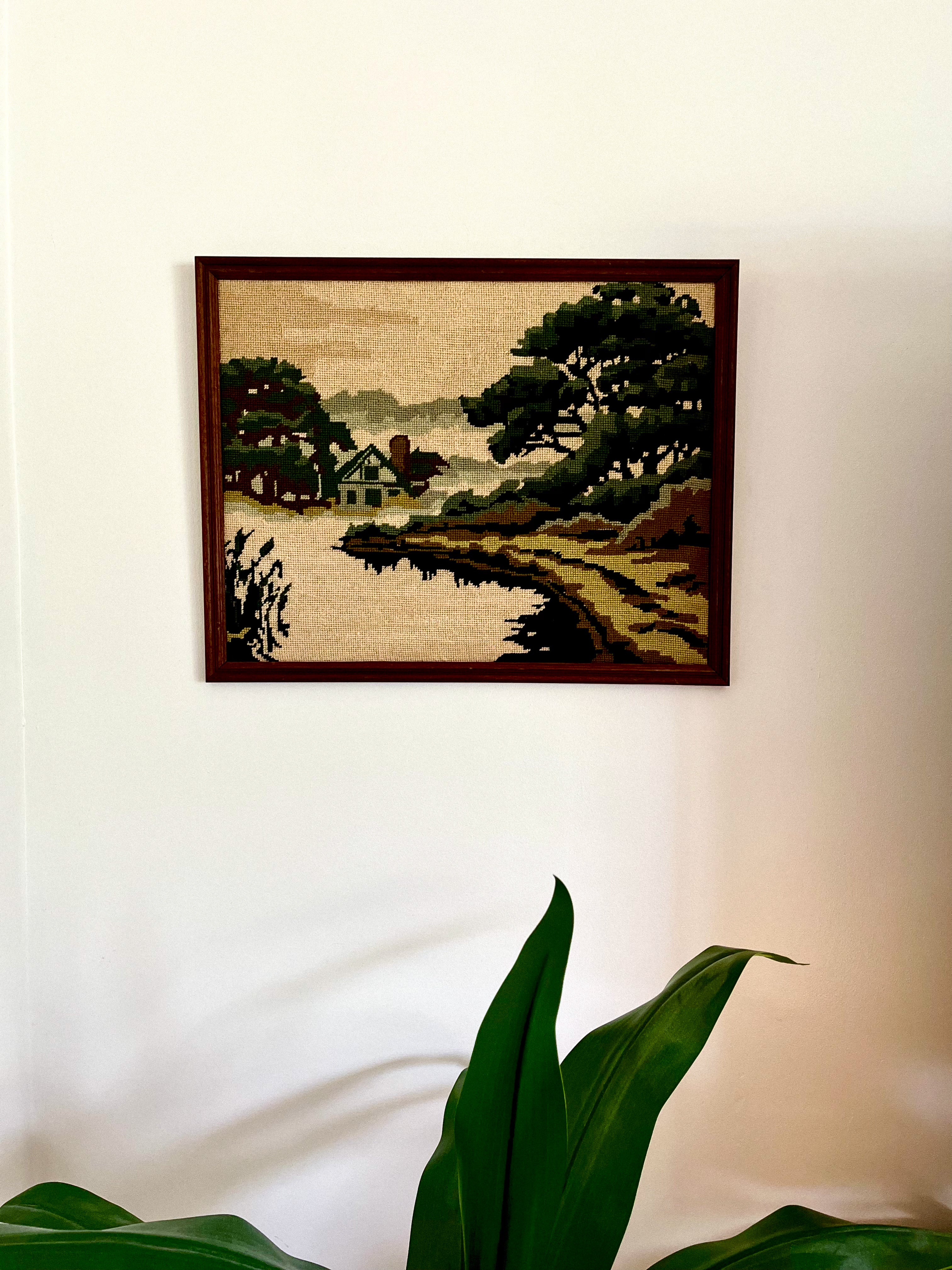Vintage 1970s Framed Cross Stitch Tapestry Country Scene