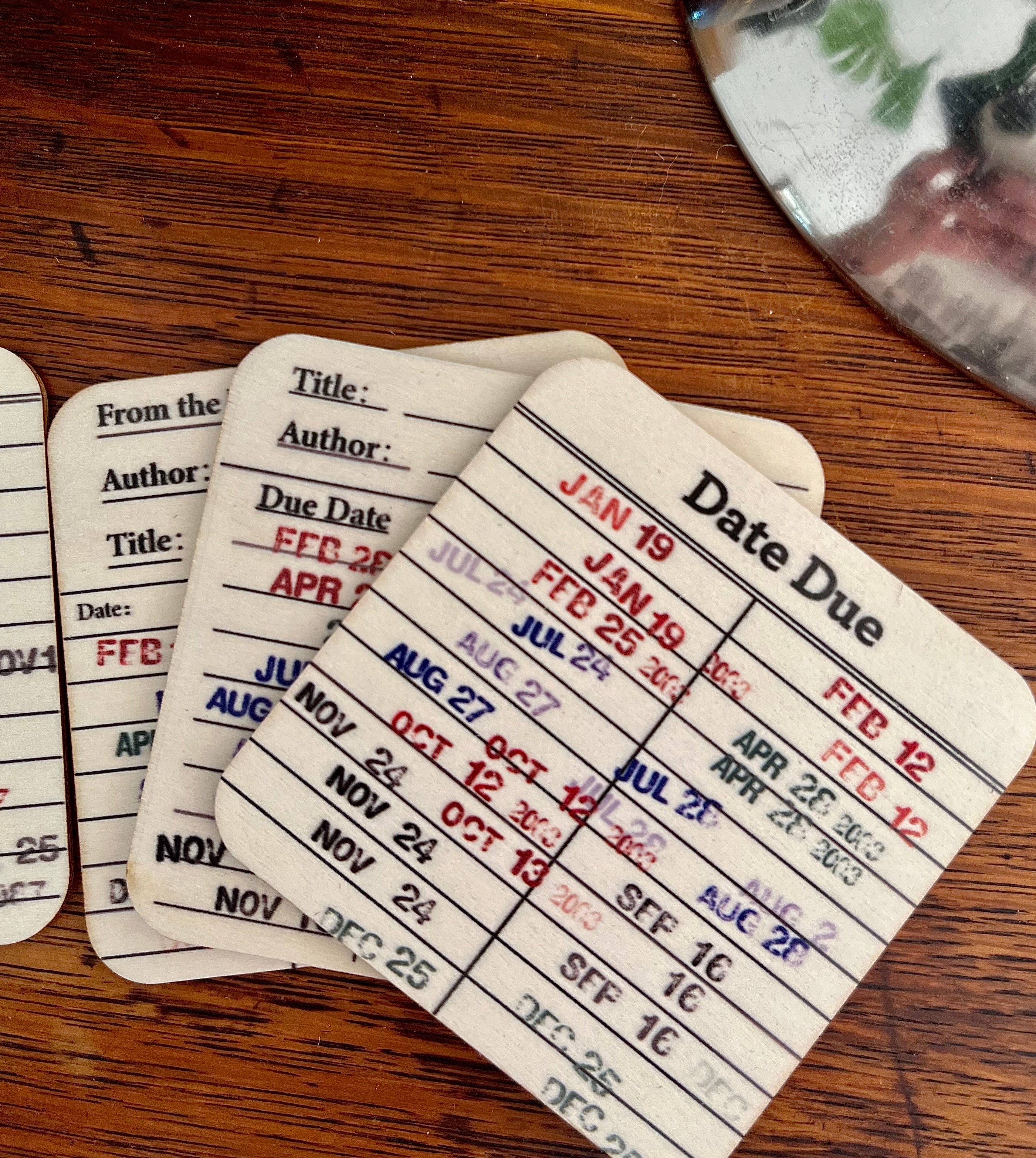 Library Due Date Card Coasters – Set of 6 Retro Book Lover Drink Coasters