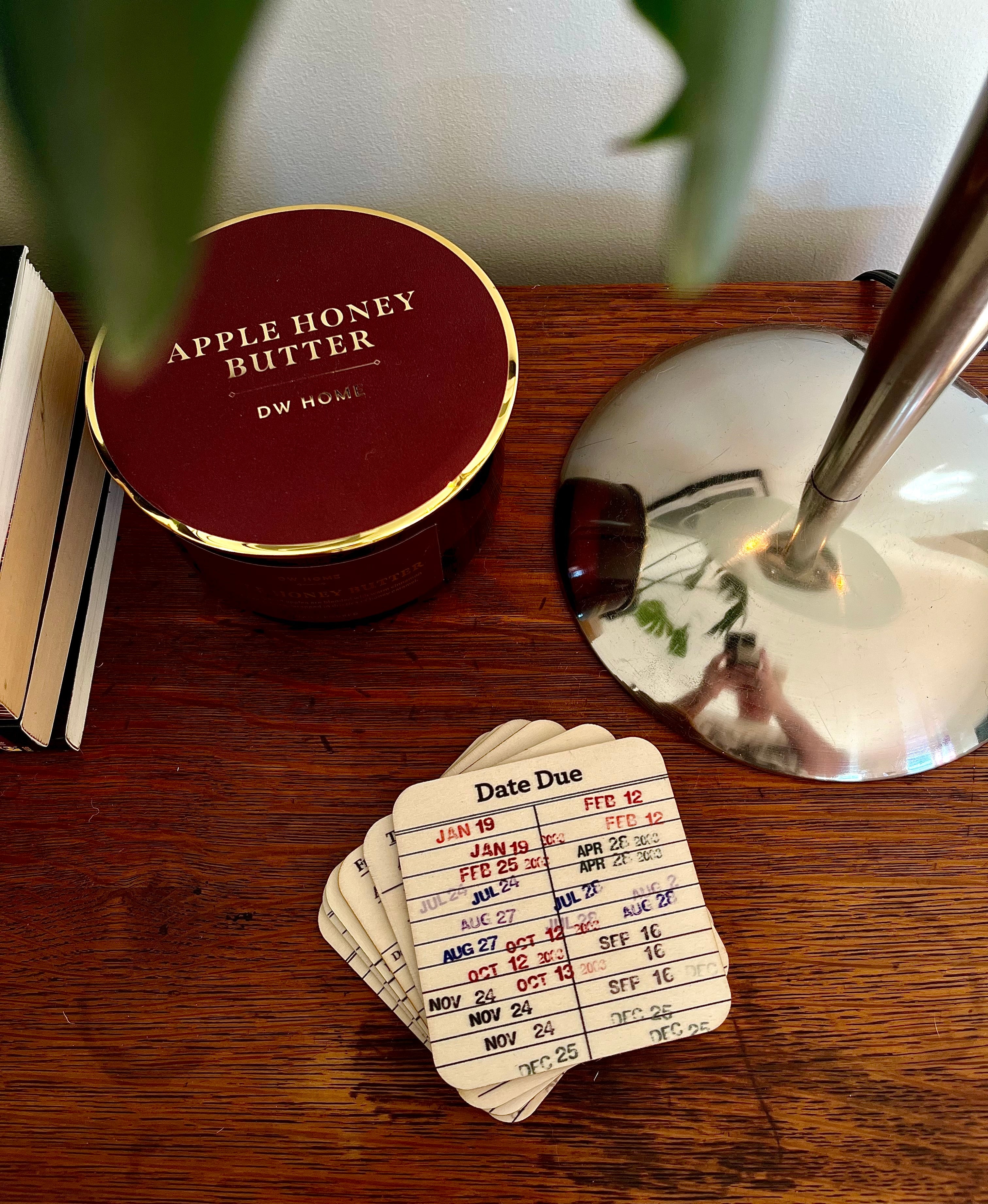 Library Due Date Card Coasters – Set of 6 Retro Book Lover Drink Coasters