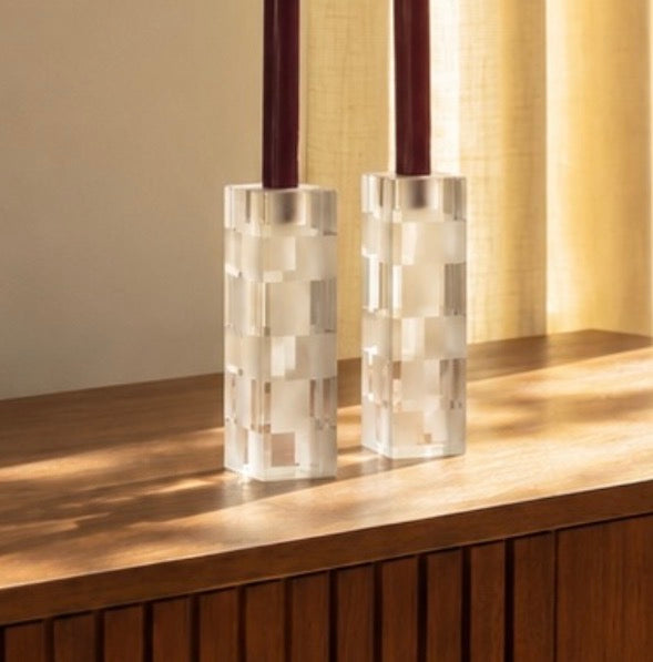 Vintage Lucien Piccard Frosted Crystal Checkerboard Candlestick Holders — Pair