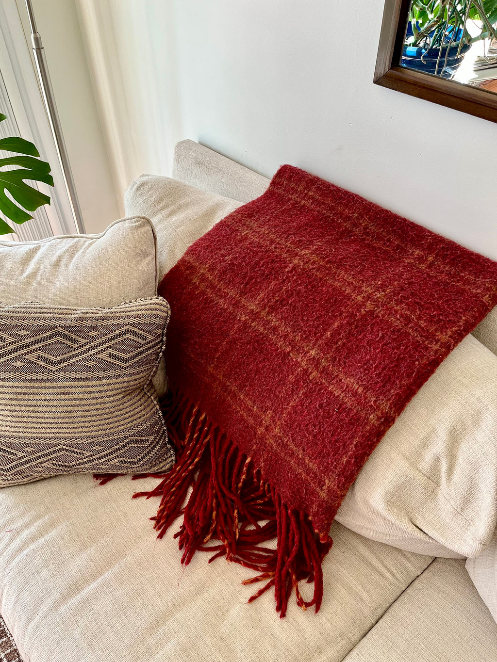 Plaid Wool Throw Blanket – Deep Red Fringe Sofa Accent