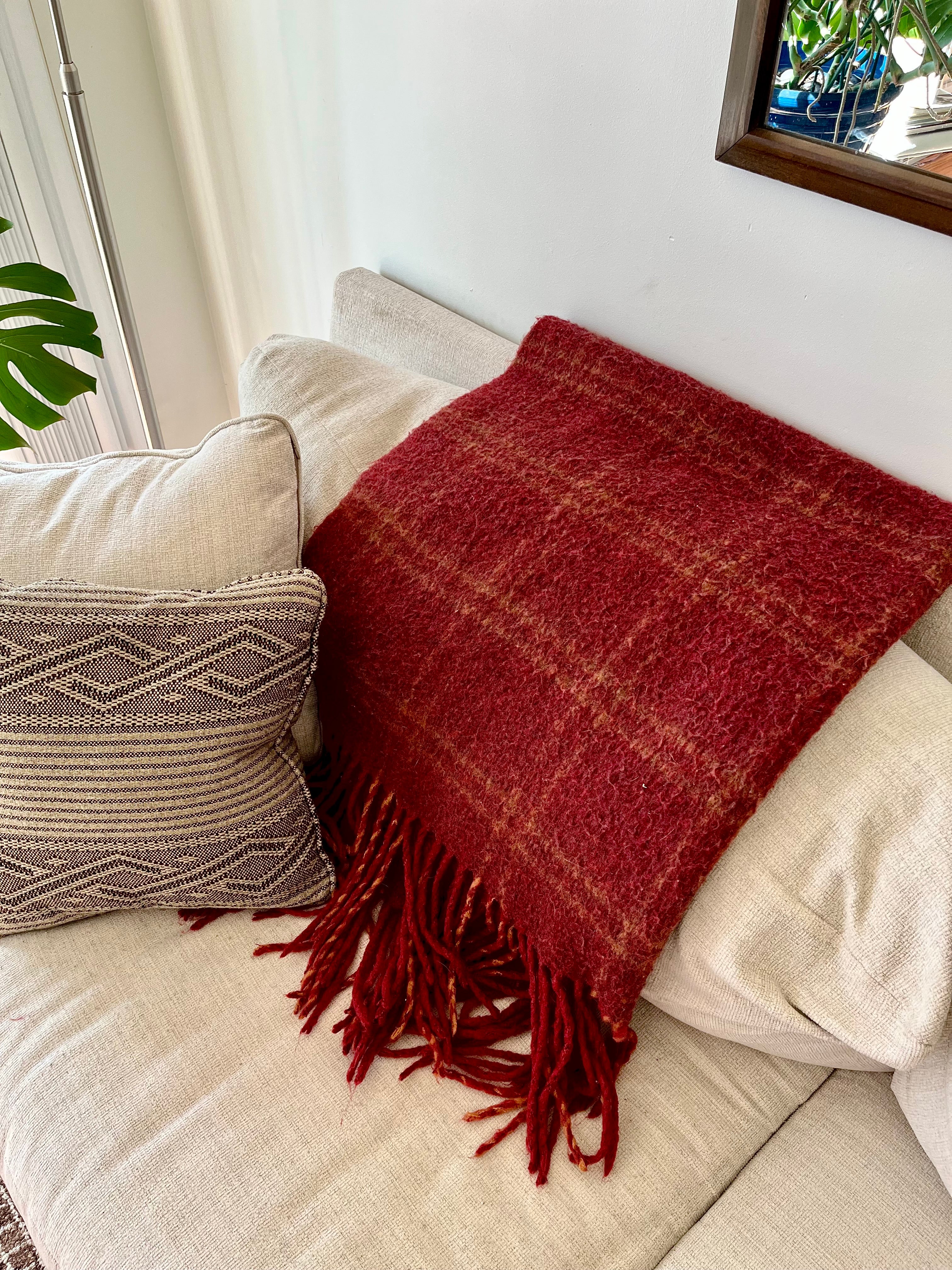 Plaid Wool Throw Blanket – Deep Red Fringe Sofa Accent