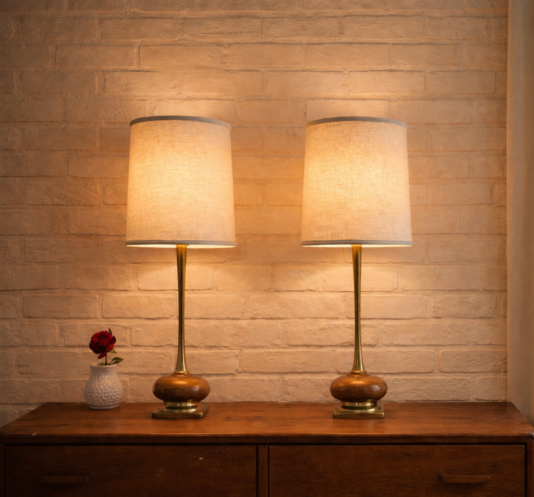 Pair of 1960s Midcentury Brass & Walnut Table Lamps