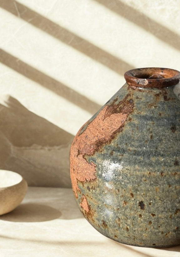 Organic Studio Pottery Vase with Primitive Botanical Mark