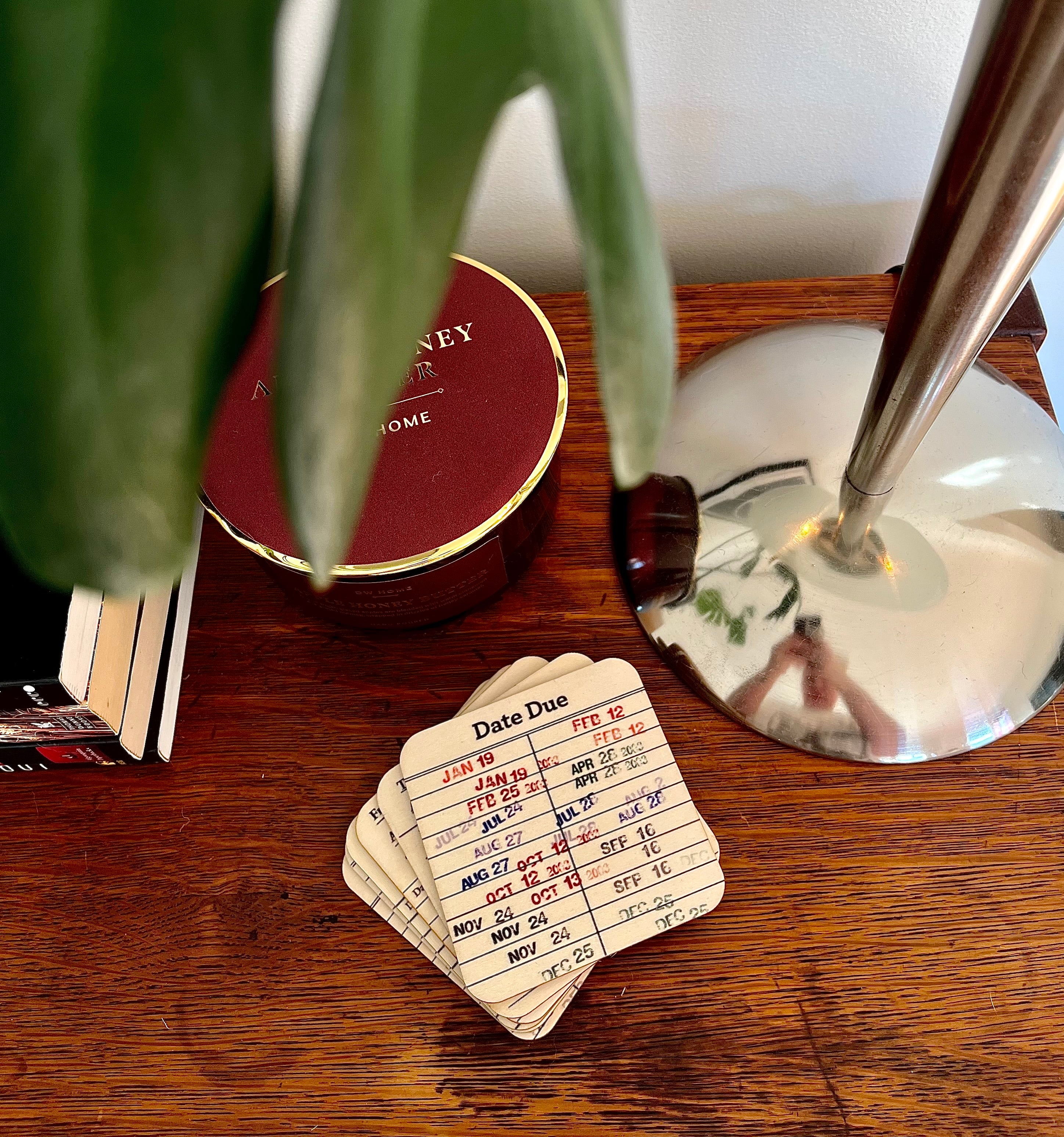 Library Due Date Card Coasters – Set of 6 Retro Book Lover Drink Coasters