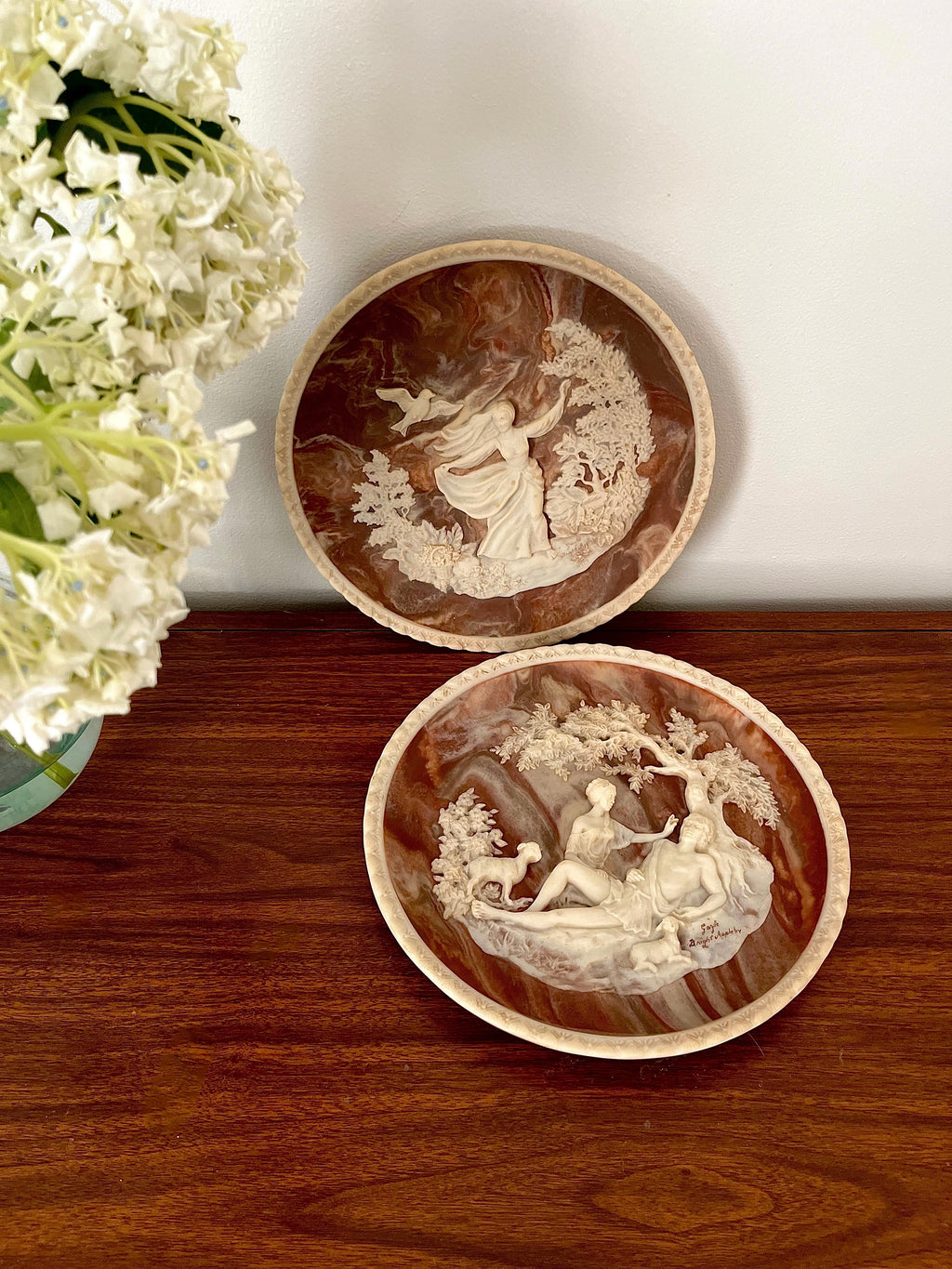 1970s Vintage Incolay Stone Carved Collector's Plates by Gayle Bright Appleby