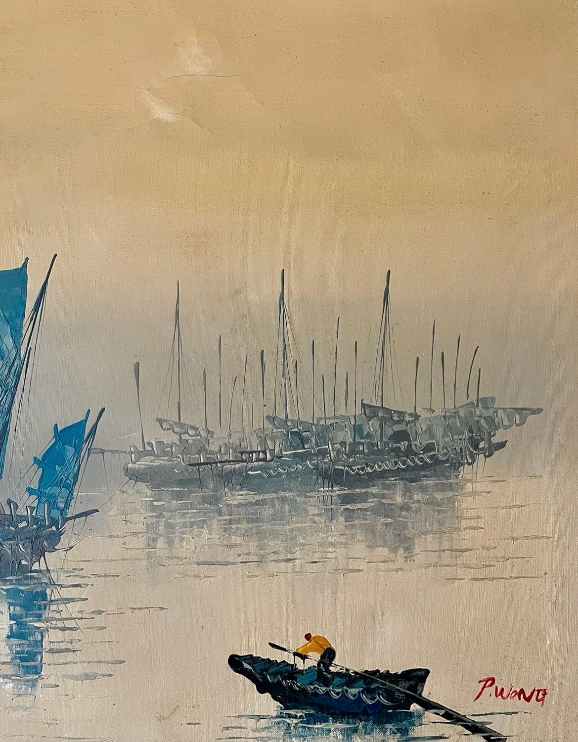 Oversized Midcentury Maritime Painting — Signed P. Wong