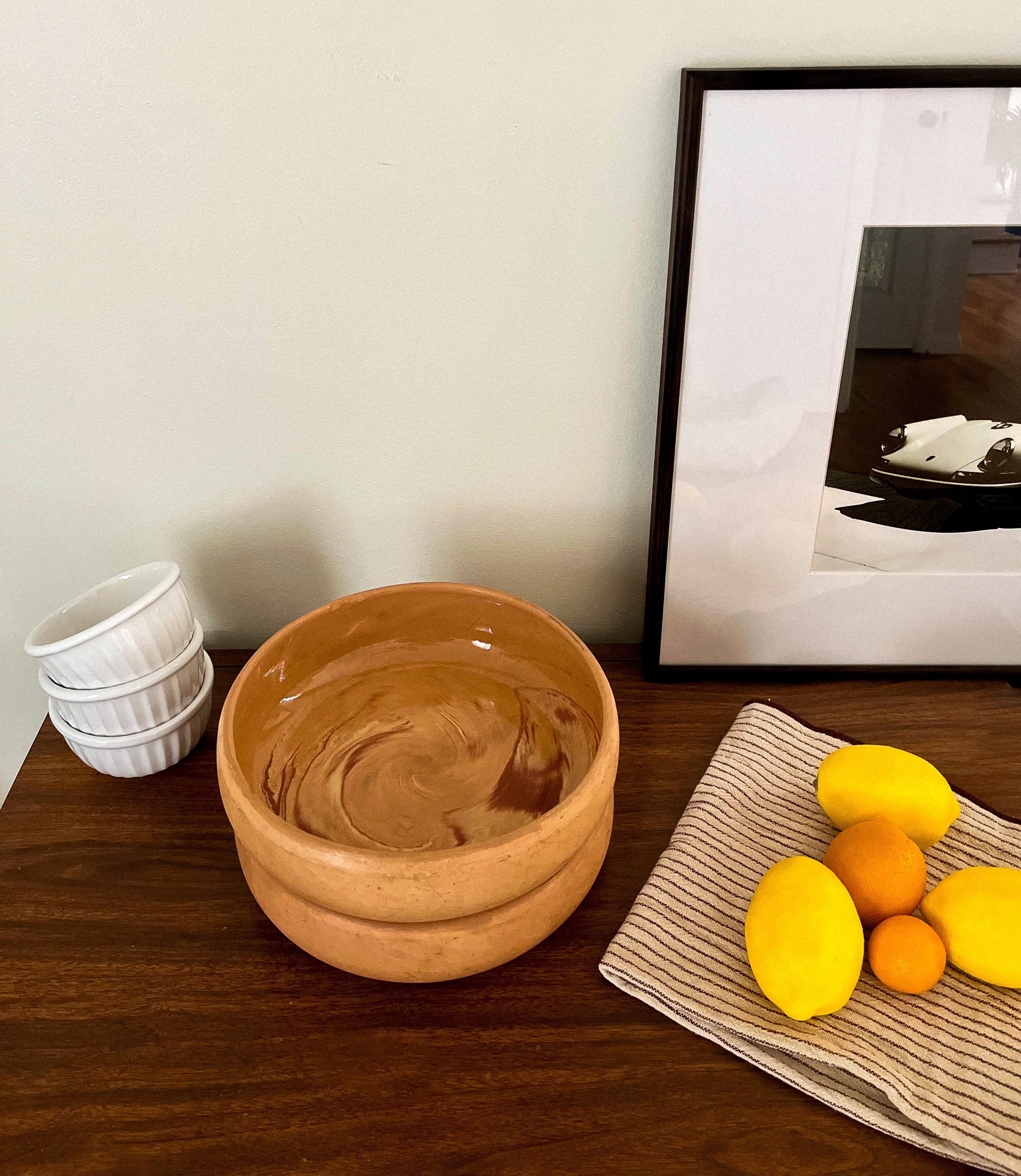 Pair of Stackable Red Swirl Clay Dinner Bowls