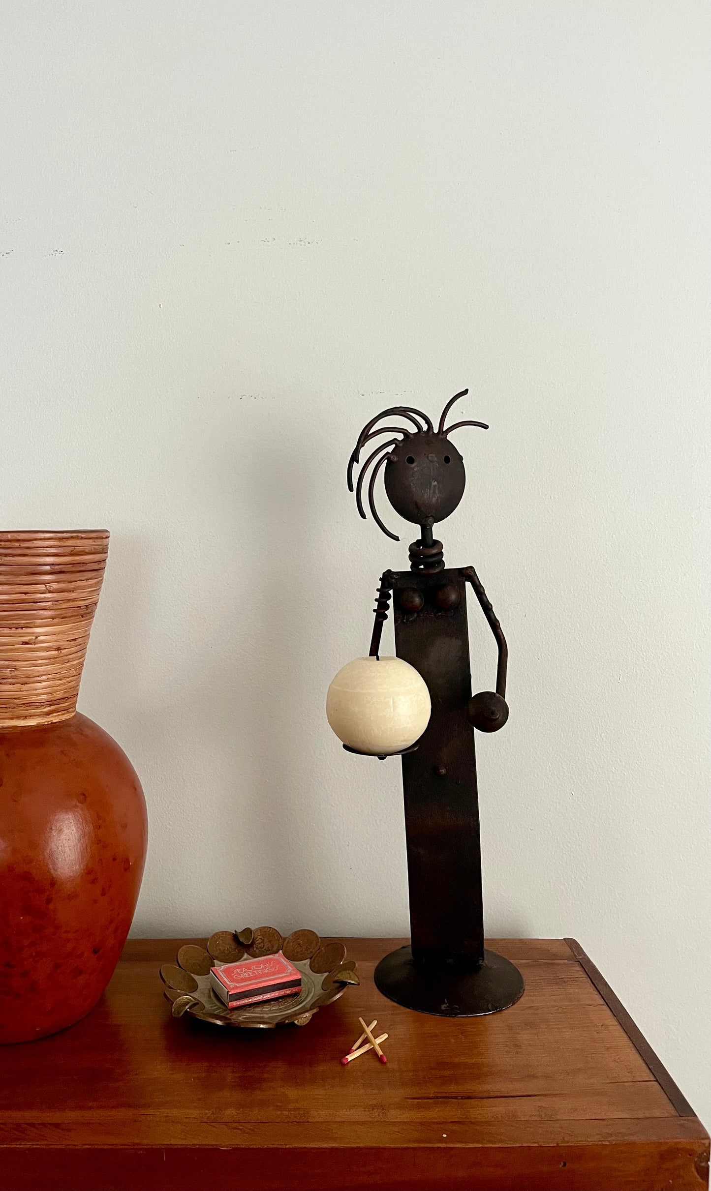 Vintage Brutalist Iron Figure Candle Holder