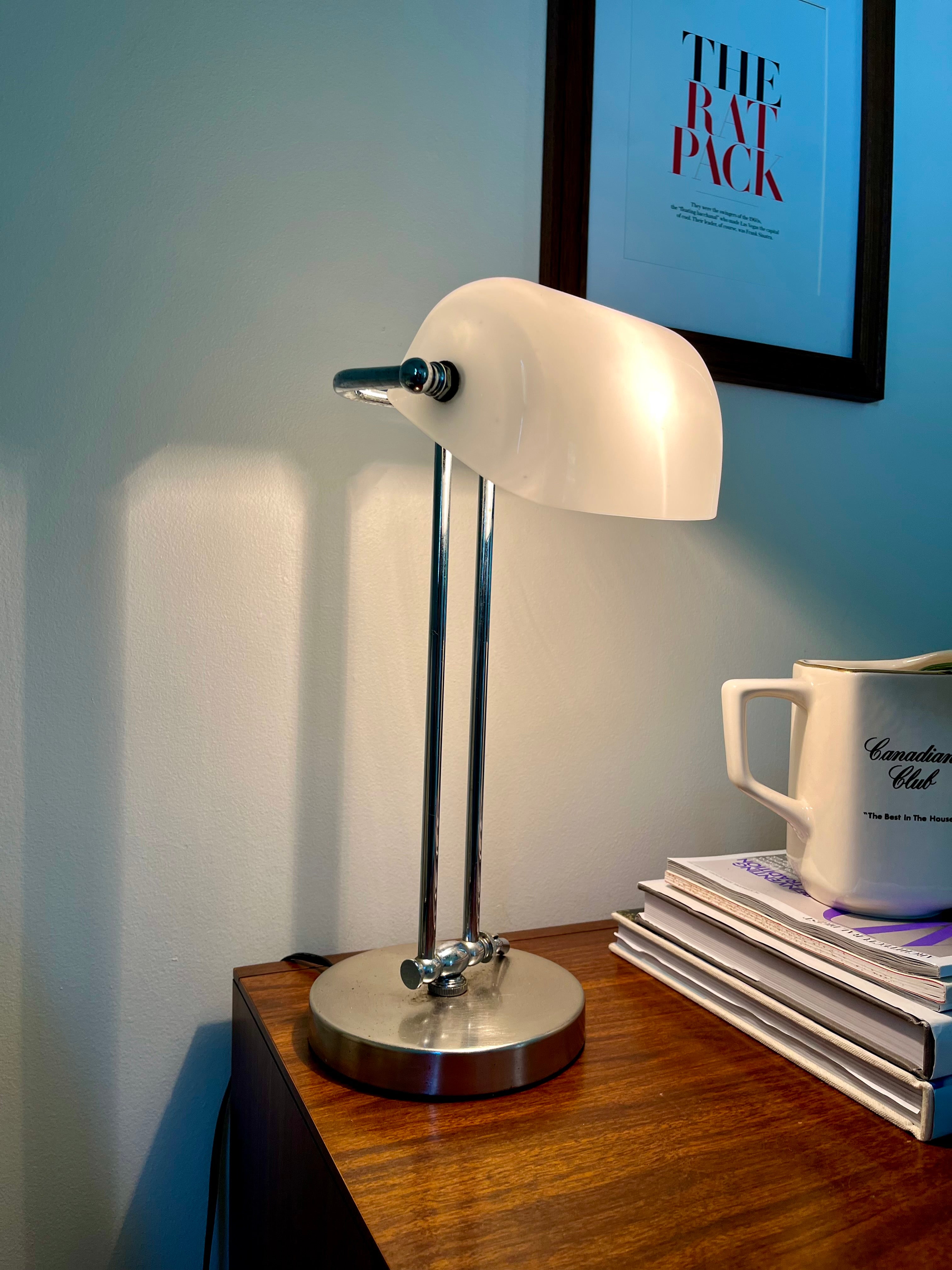 Vintage White Glass Banker’s Lamp – Midcentury Modern Desk Lighting