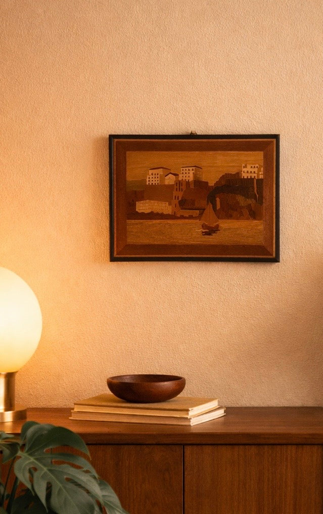 Vintage Italian Wood Marquetry Coastal Inlay — Sailboat Scene