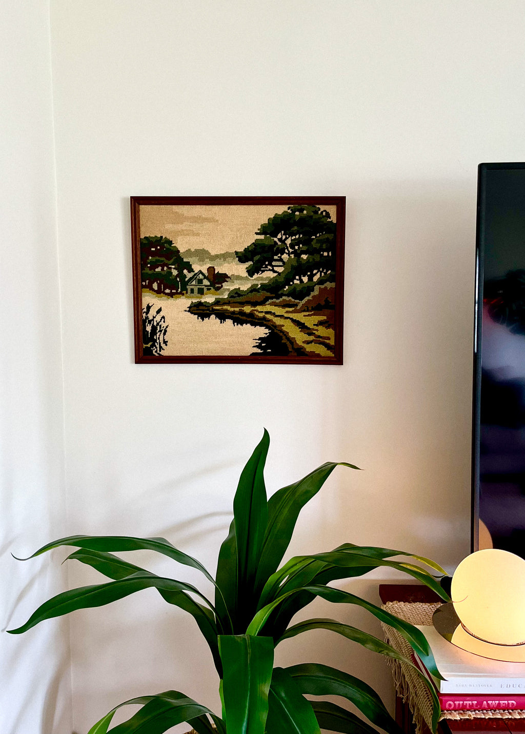 Vintage 1970s Framed Cross Stitch Tapestry Country Scene