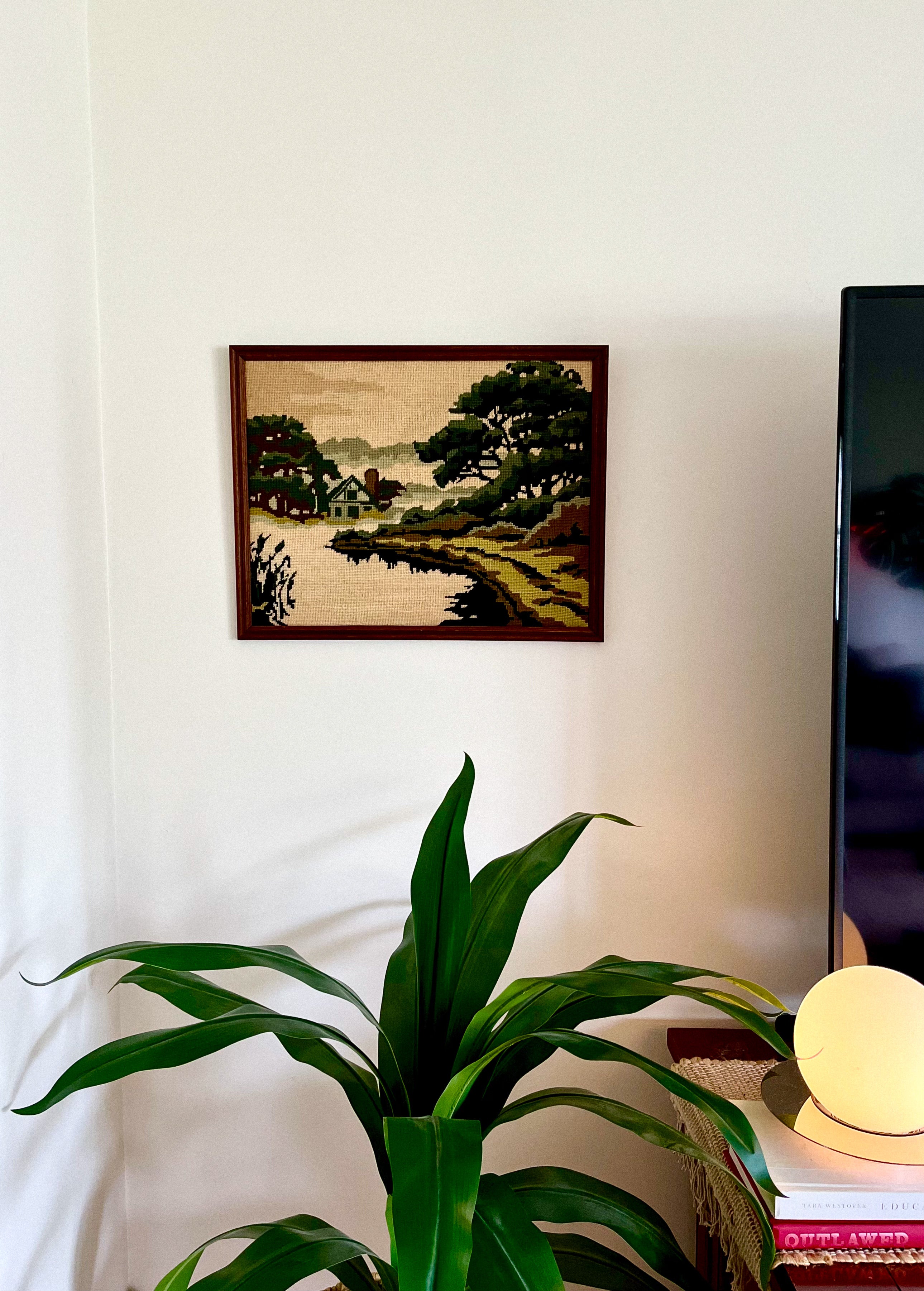 Vintage 1970s Framed Cross Stitch Tapestry Country Scene