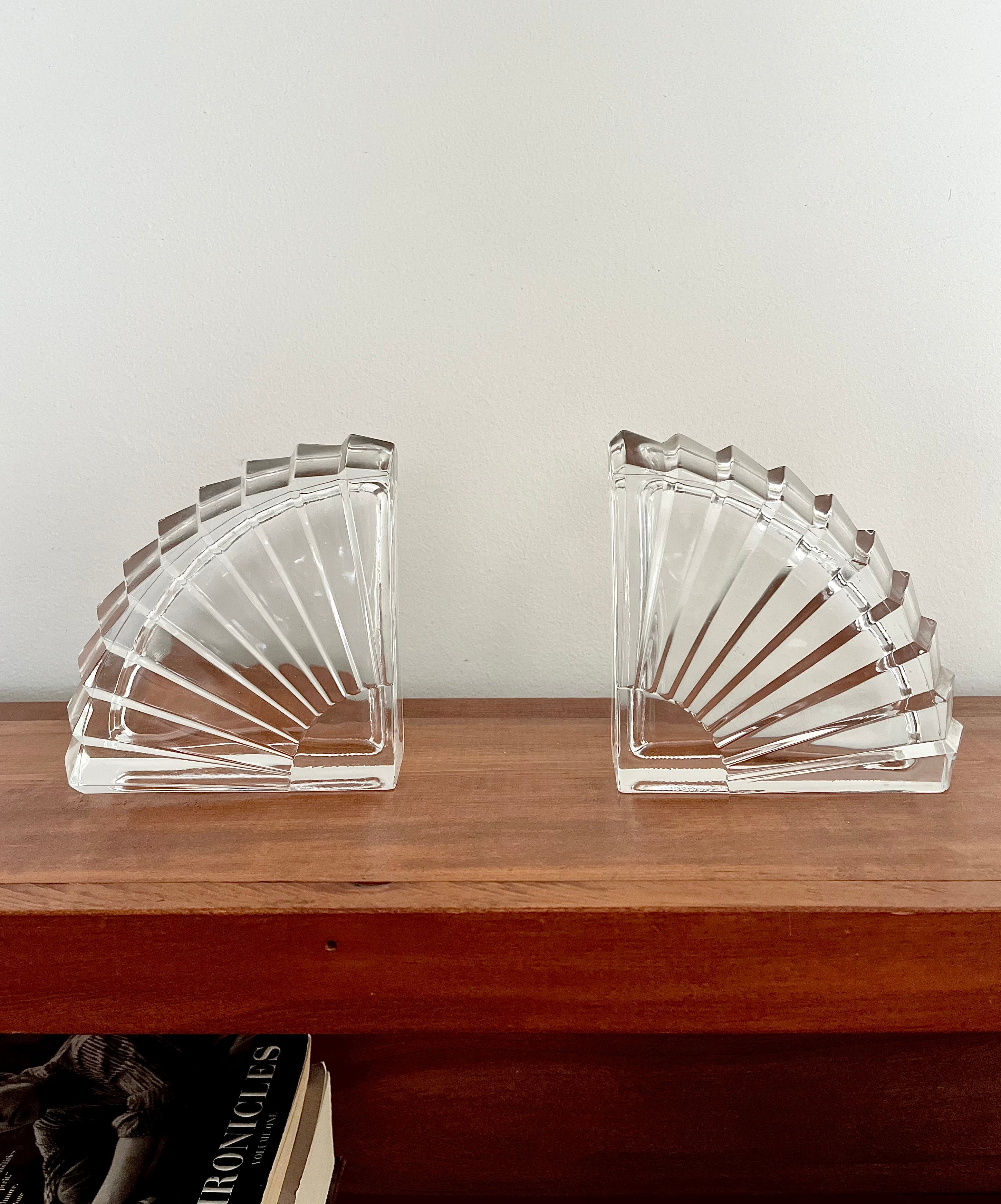 Vintage Cristal d’Arques French Crystal Bookends – Art Deco Fan Shell Design (Pair)