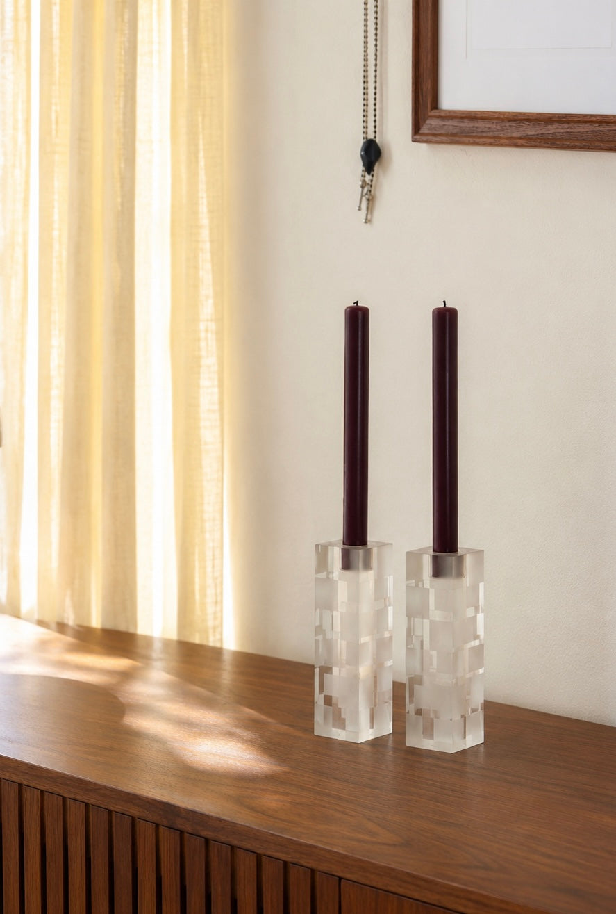 Vintage Lucien Piccard Frosted Crystal Checkerboard Candlestick Holders — Pair