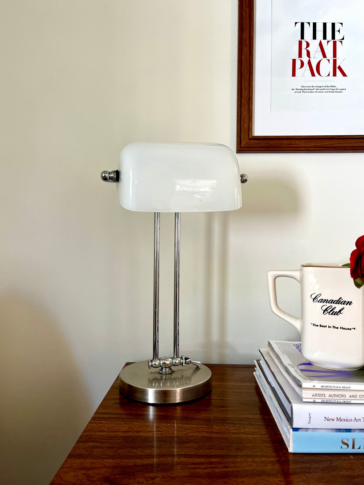 Vintage White Glass Banker’s Lamp – Midcentury Modern Desk Lighting