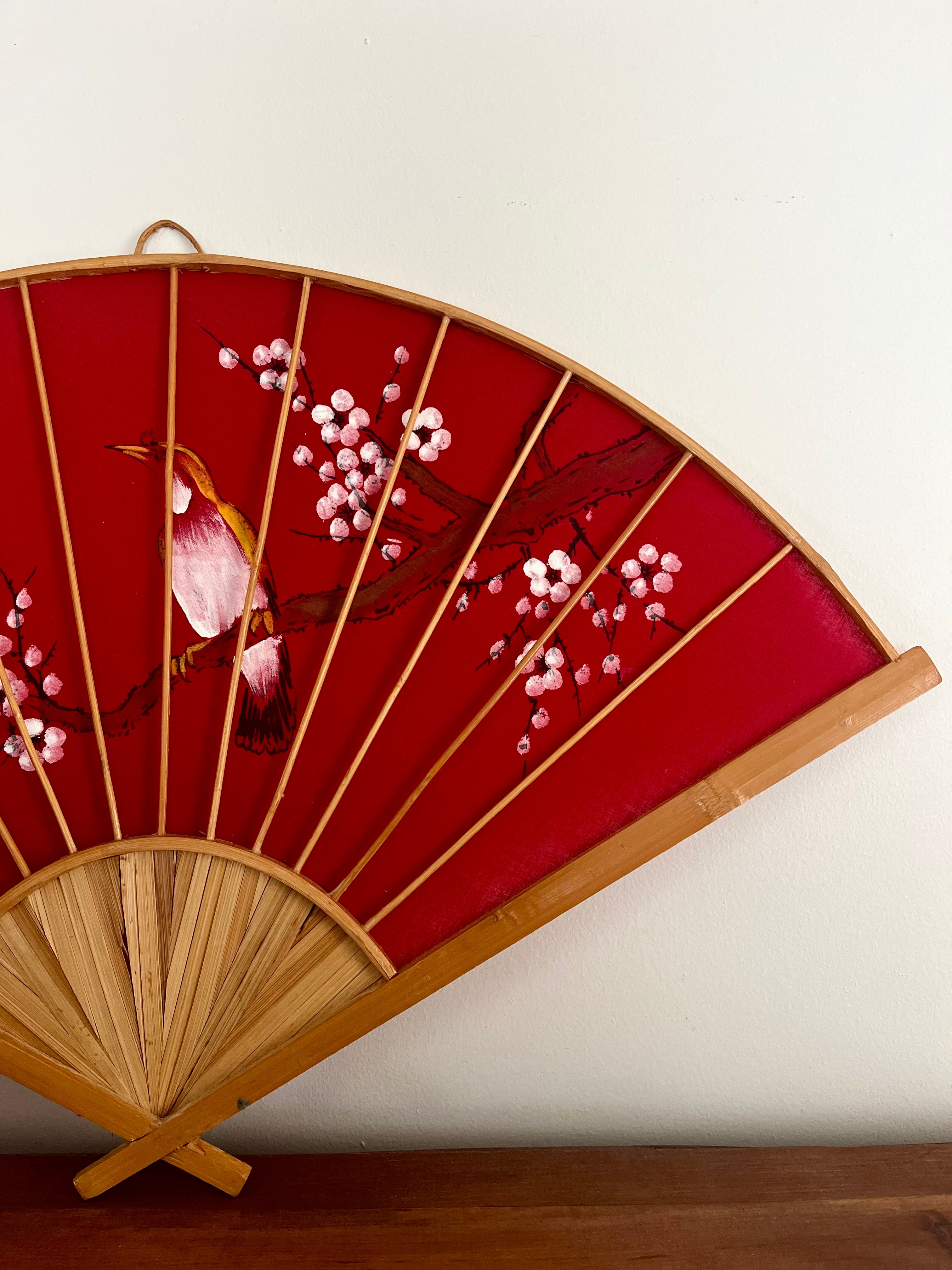 Vintage Red Asian Decorative Wall Fan with Hand-Painted Bird & Cherry Blossoms