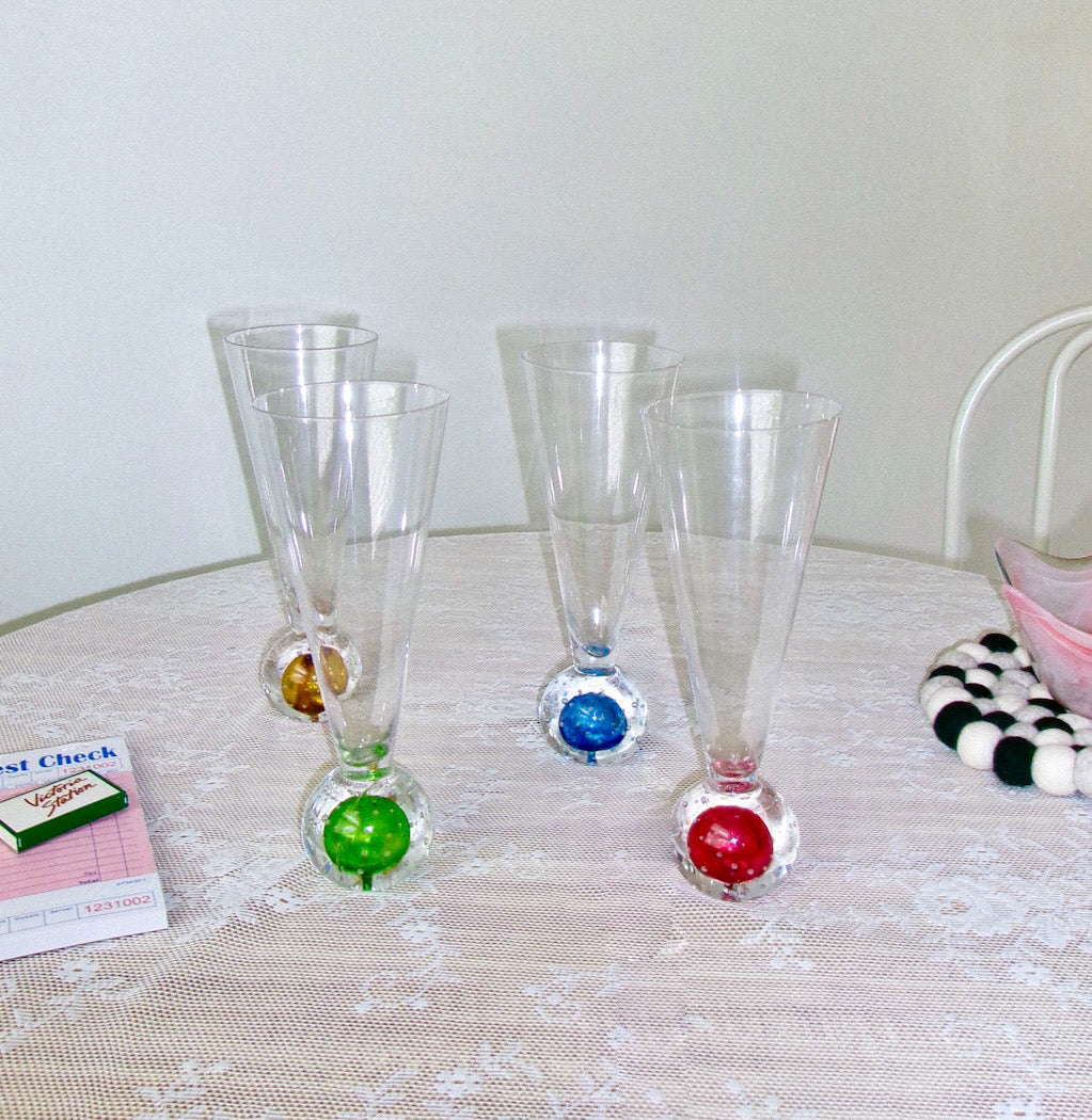 MCM Art Glass Barware Flutes Controlled Bubble Base