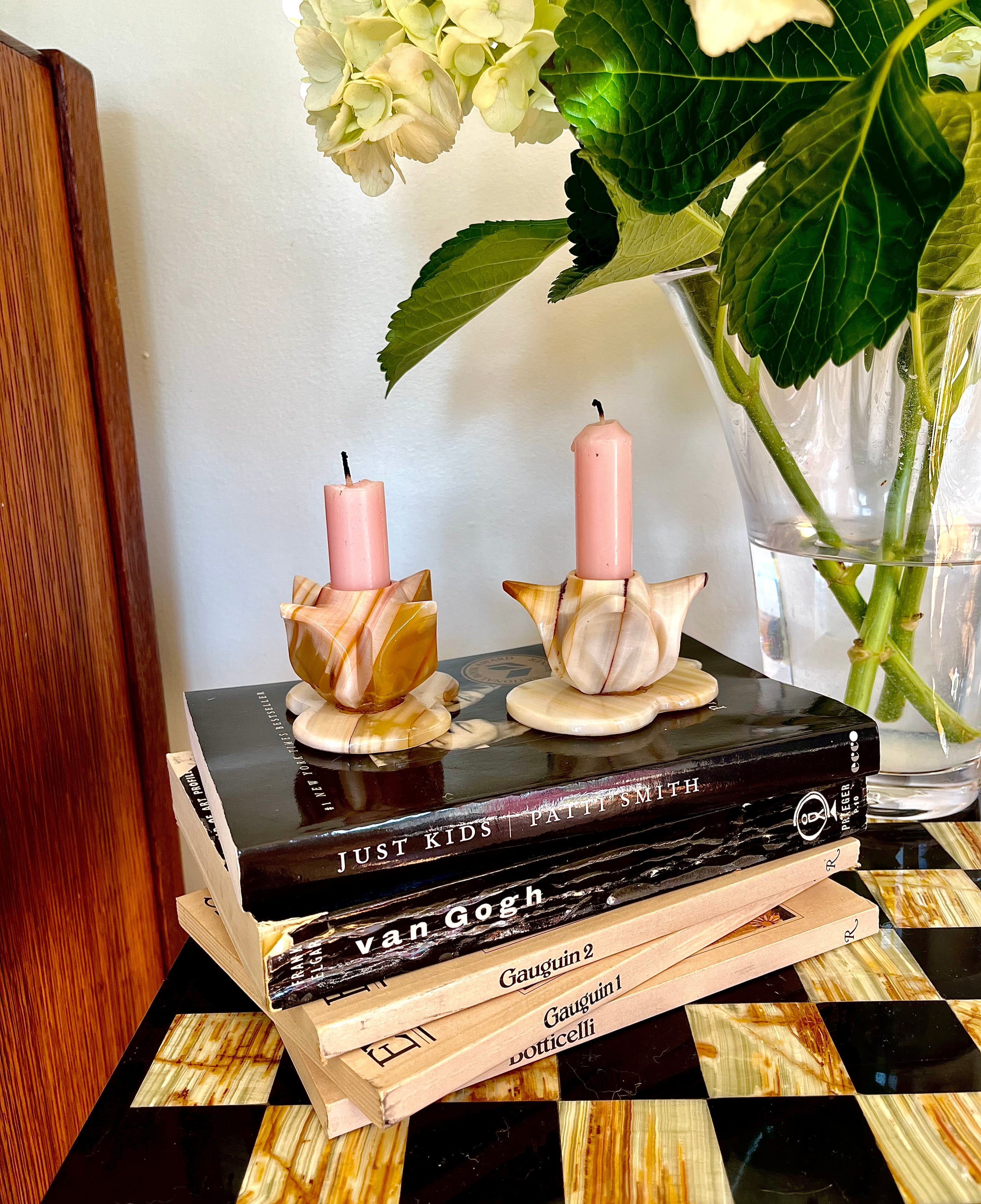 Vintage Onyx Tulip Candle Holders – Midcentury Stone Candle Set (Pair)