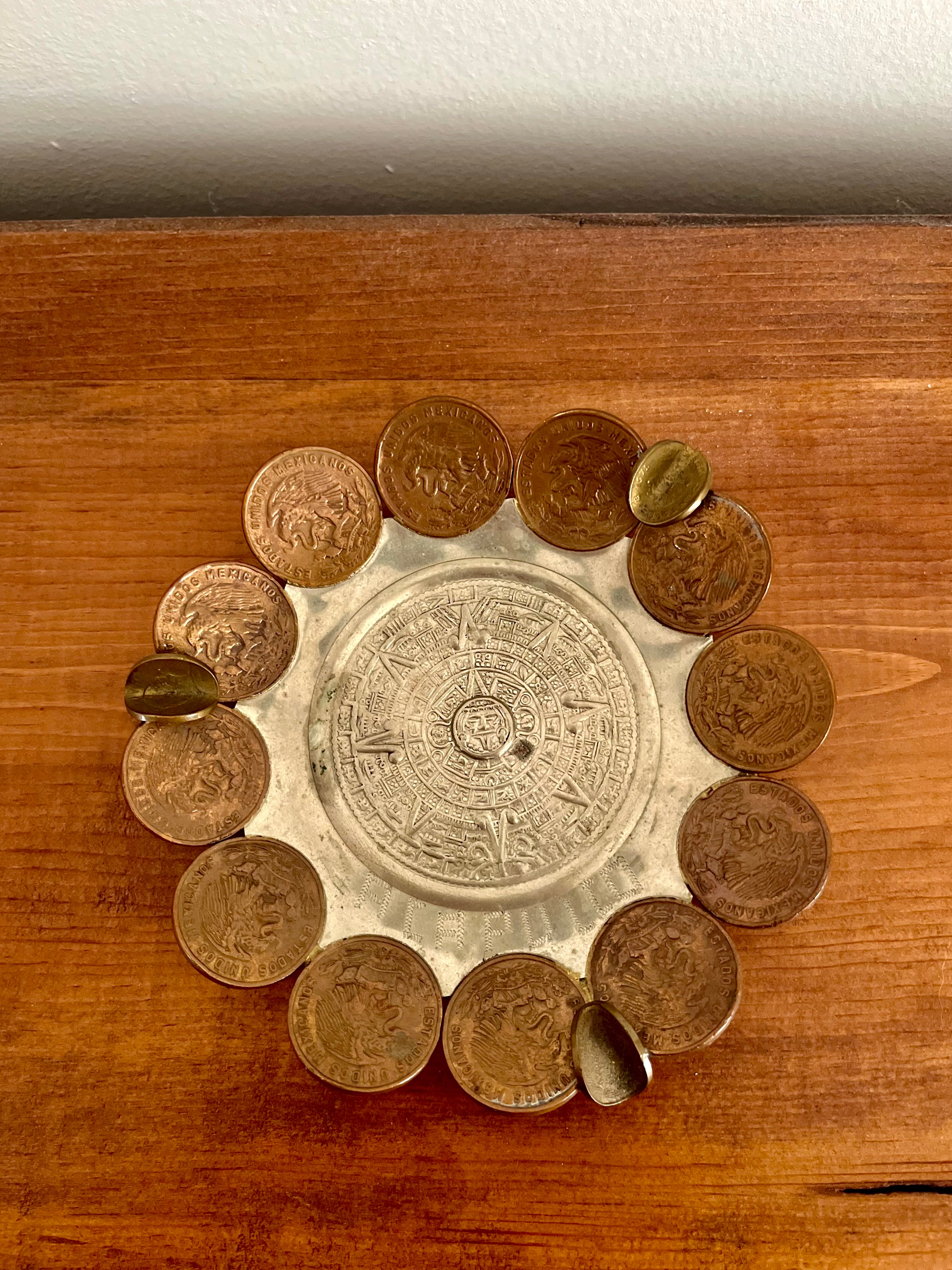 Vintage Mexican Coin Dish with Aztec Calendar Center