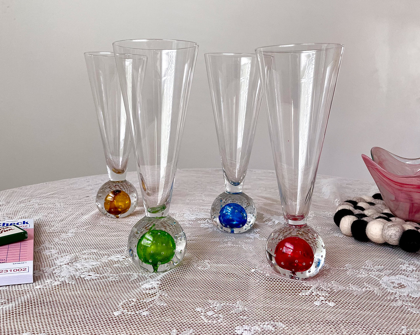 MCM Art Glass Barware Flutes Controlled Bubble Base