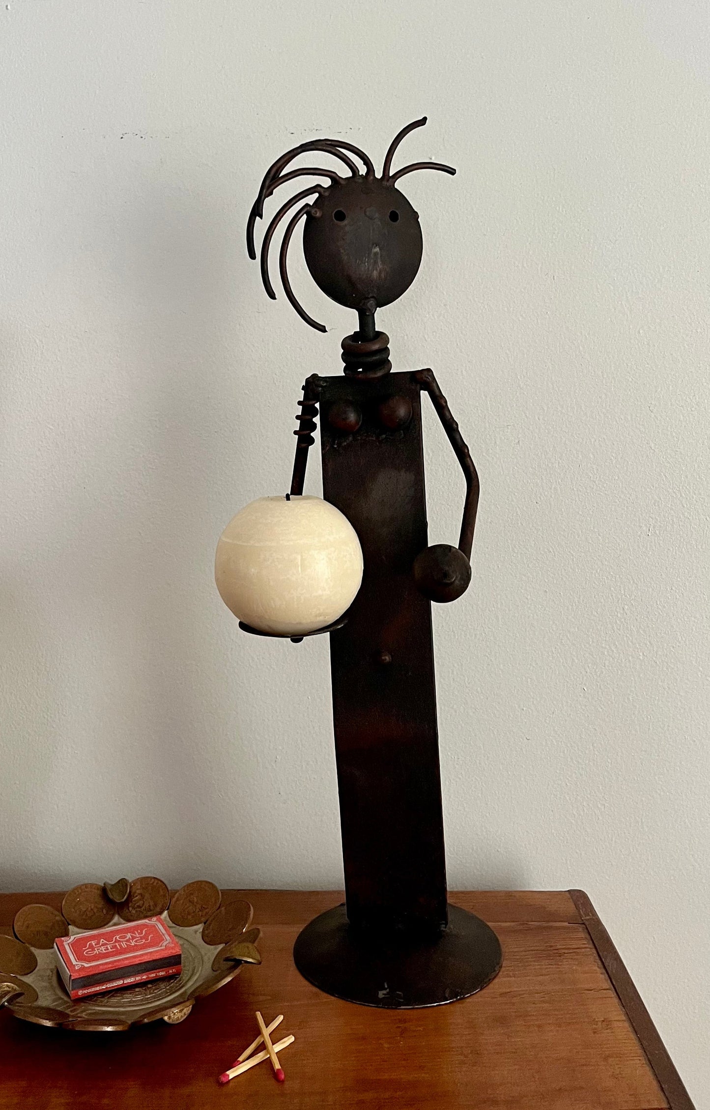 Vintage Brutalist Iron Figure Candle Holder