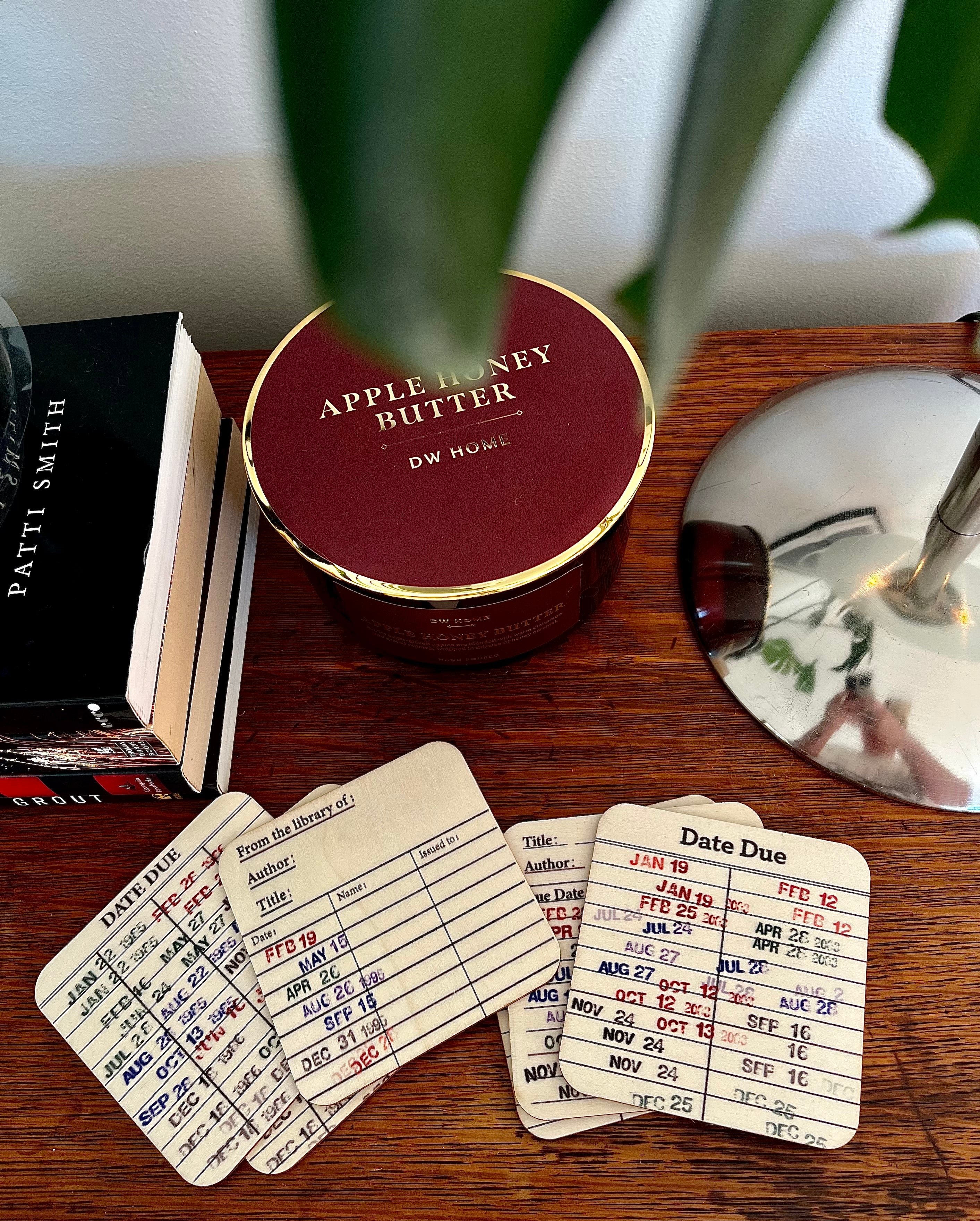 Library Due Date Card Coasters – Set of 6 Retro Book Lover Drink Coasters