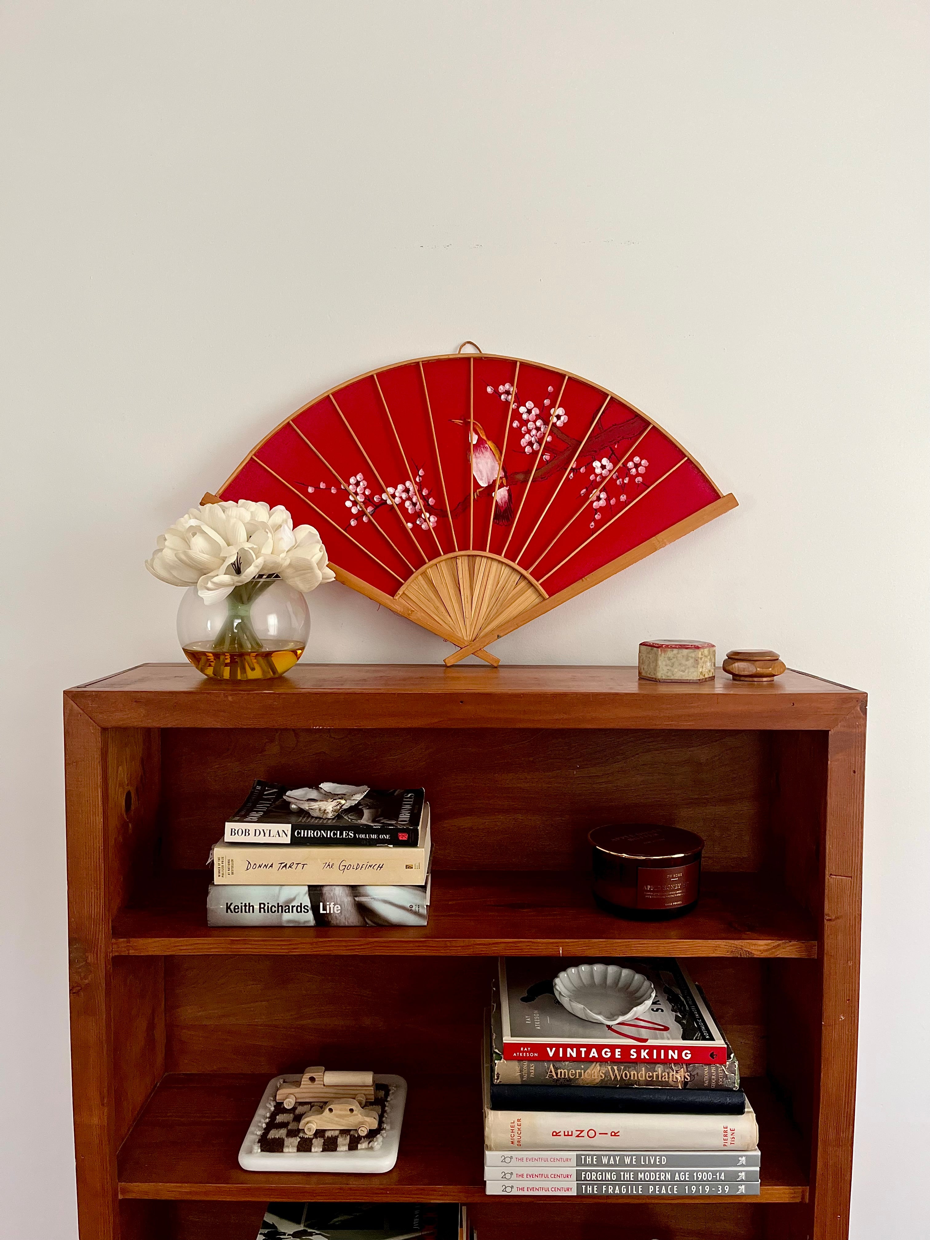 Vintage Red Asian Decorative Wall Fan with Hand-Painted Bird & Cherry Blossoms
