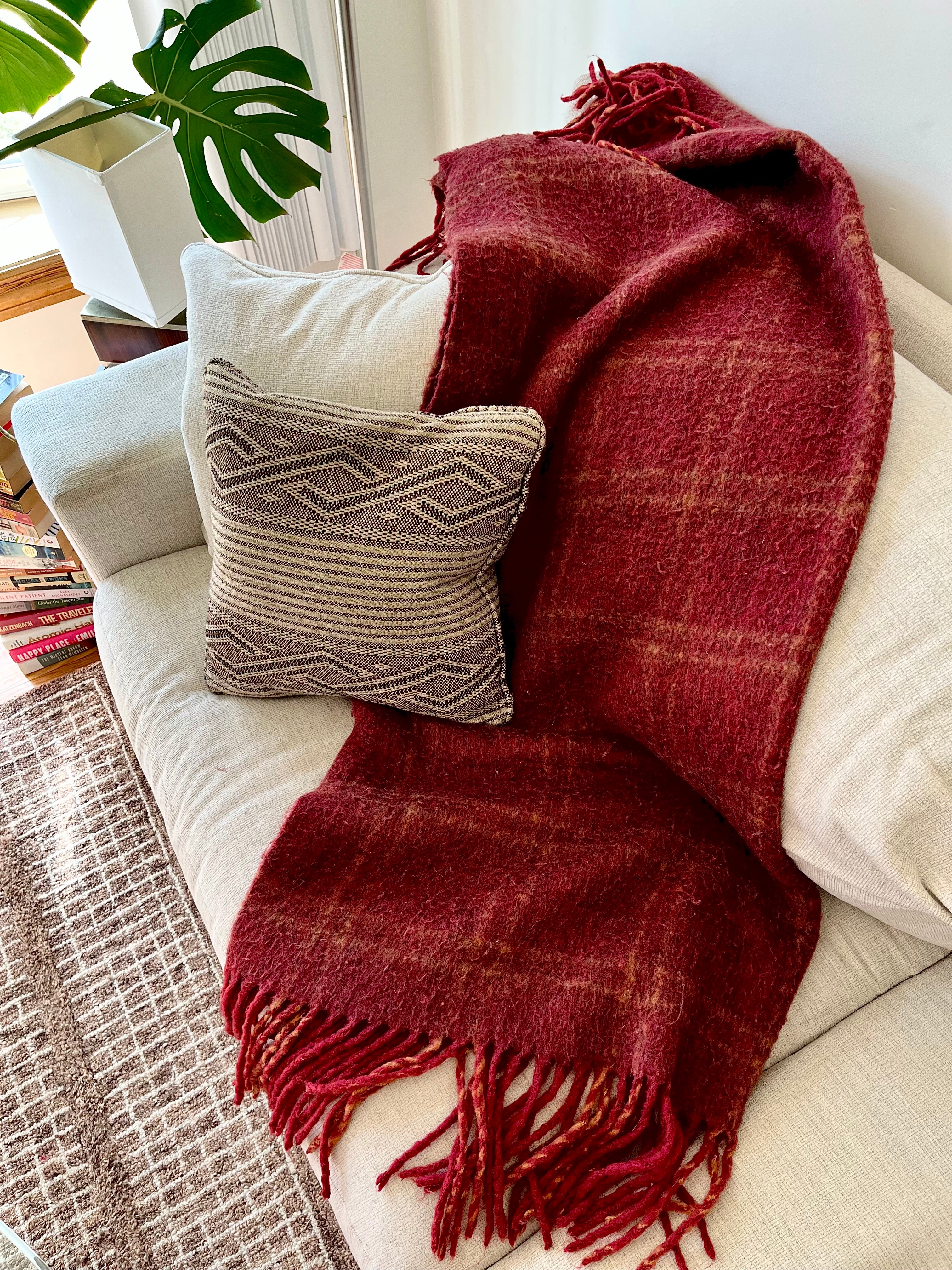 Plaid Wool Throw Blanket – Deep Red Fringe Sofa Accent