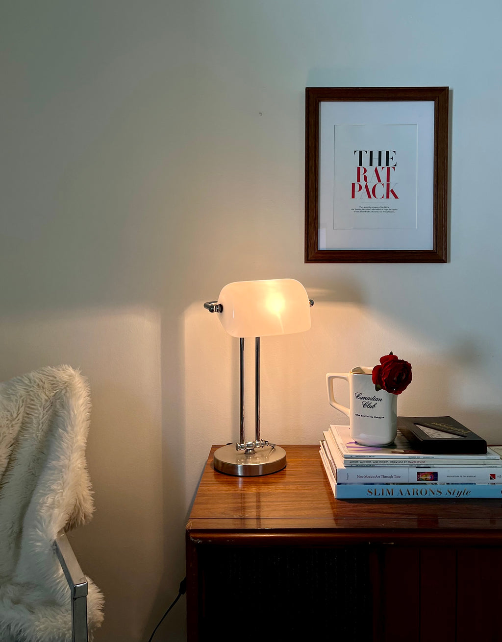 Vintage White Glass Banker’s Lamp – Midcentury Modern Desk Lighting