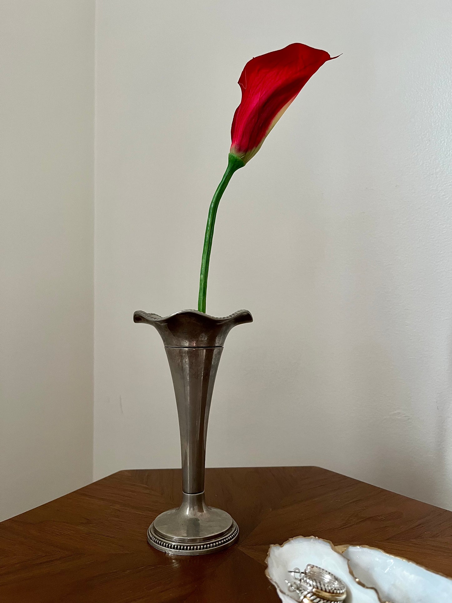 Antique Pewter Bud Vase With Scalloped Rim