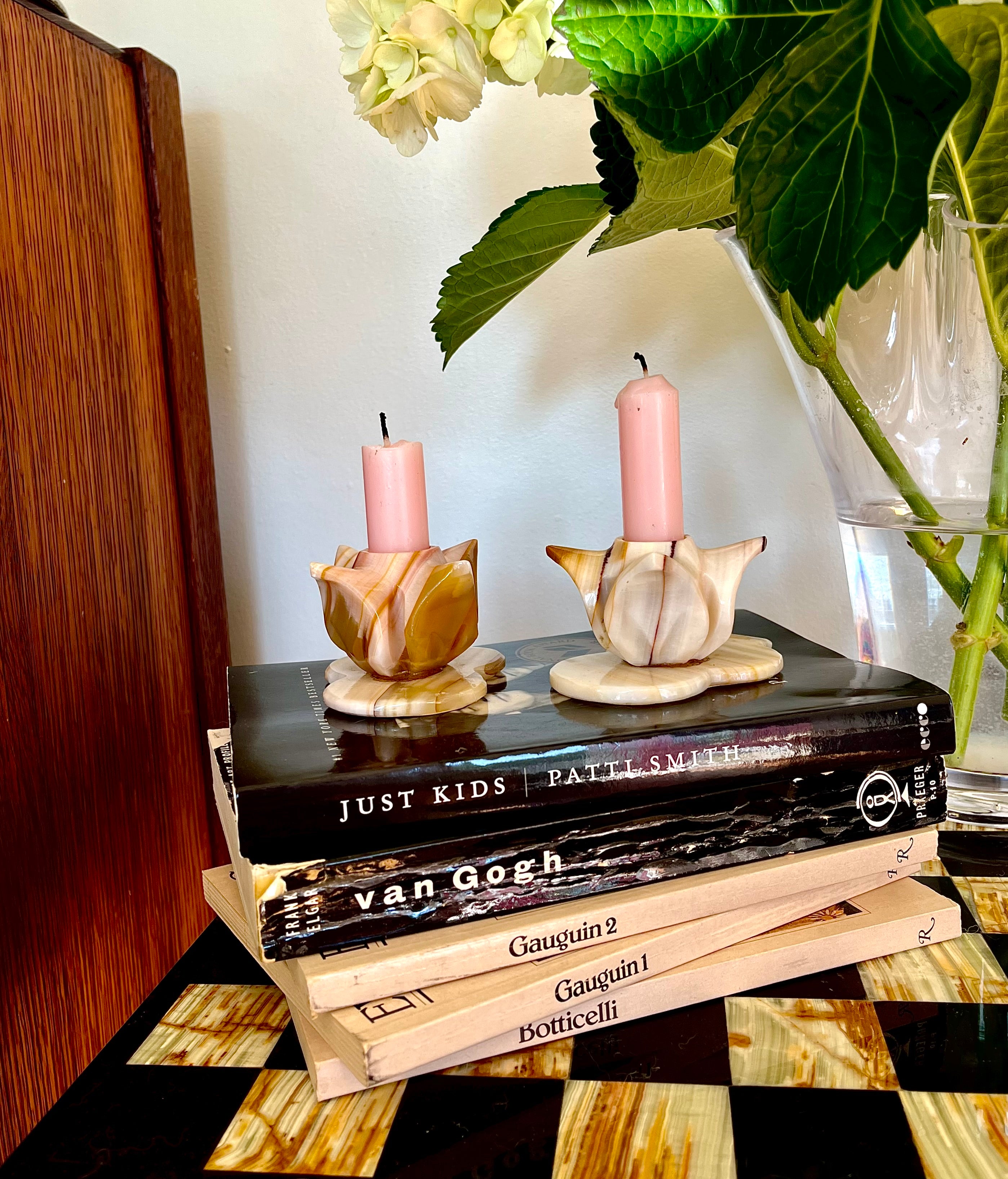 Vintage Onyx Tulip Candle Holders – Midcentury Stone Candle Set (Pair)