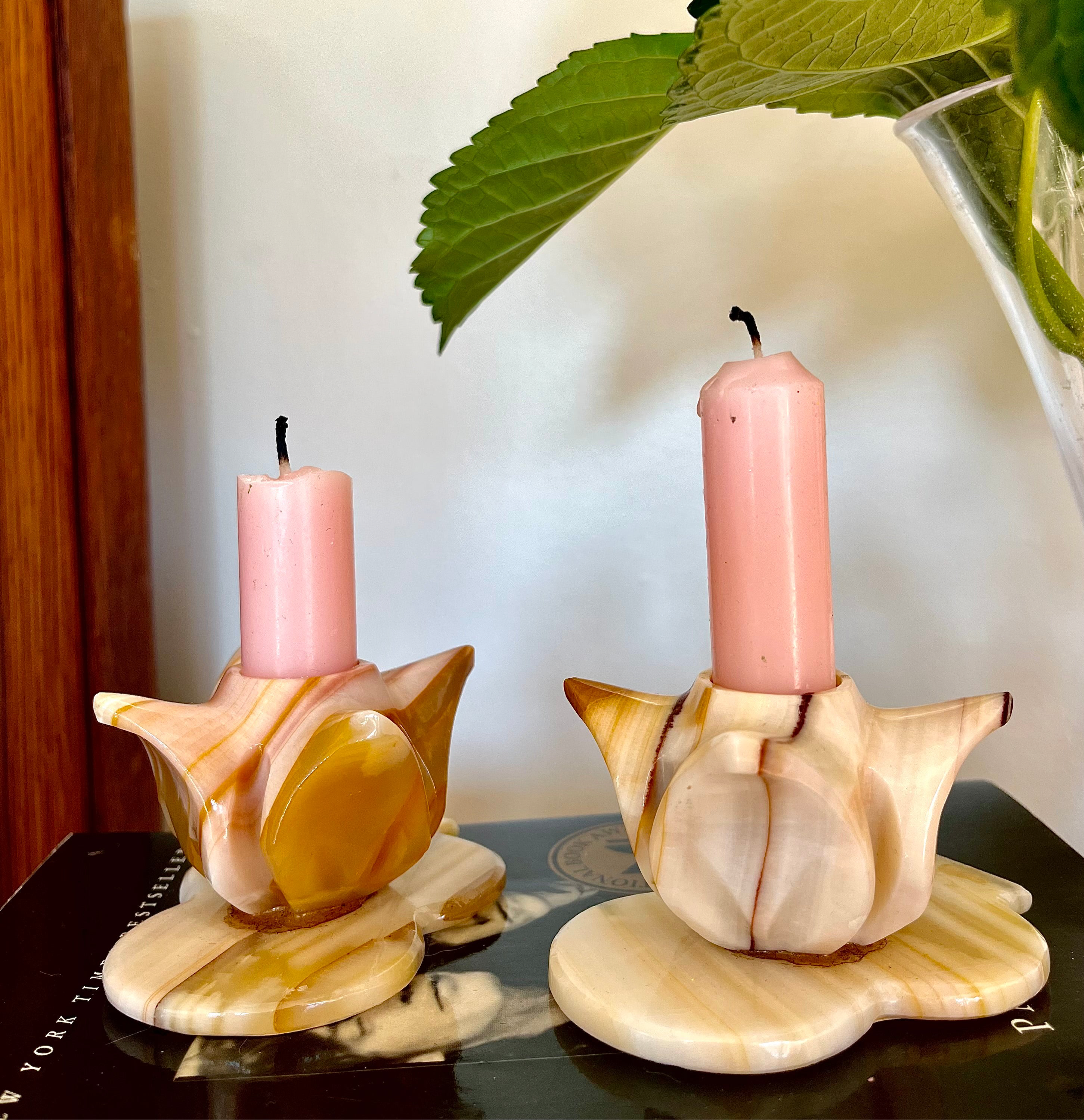 Vintage Onyx Tulip Candle Holders – Midcentury Stone Candle Set (Pair)