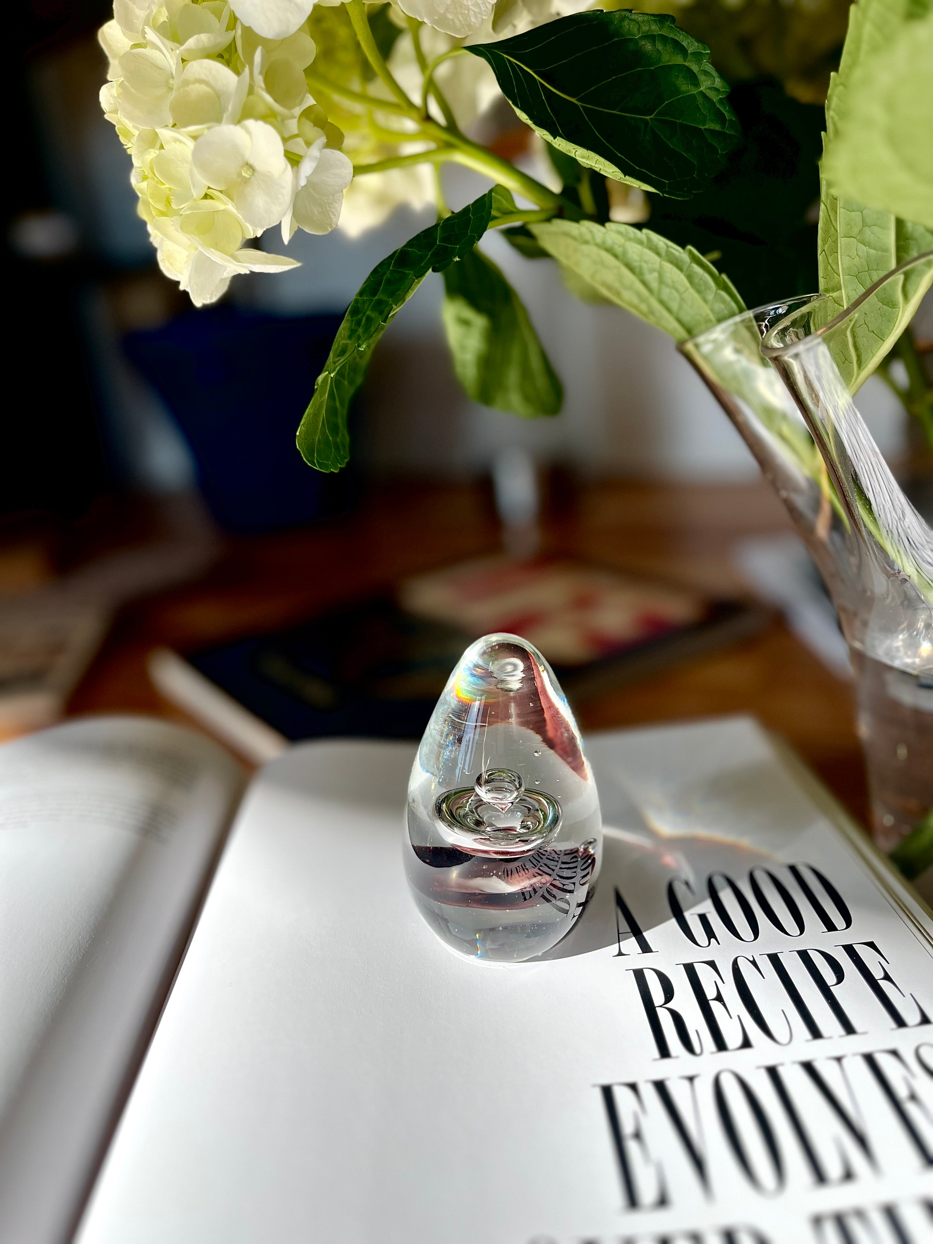 Vintage Glass Teardrop Paperweight – Midcentury Clear Bubble Sculpture