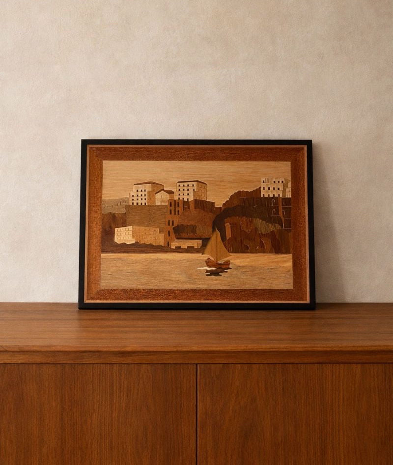 Vintage Italian Wood Marquetry Coastal Inlay — Sailboat Scene