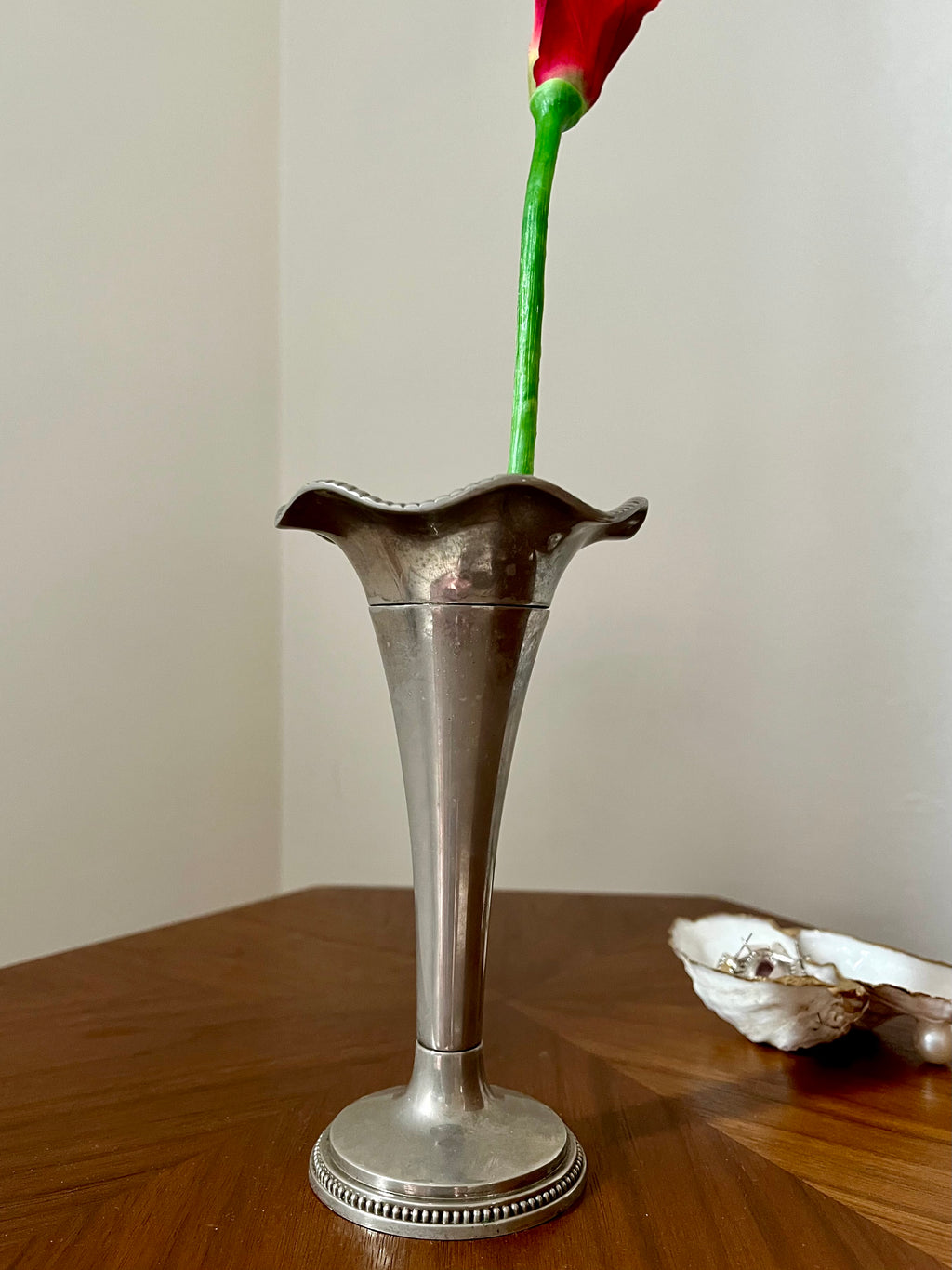Antique Pewter Bud Vase With Scalloped Rim