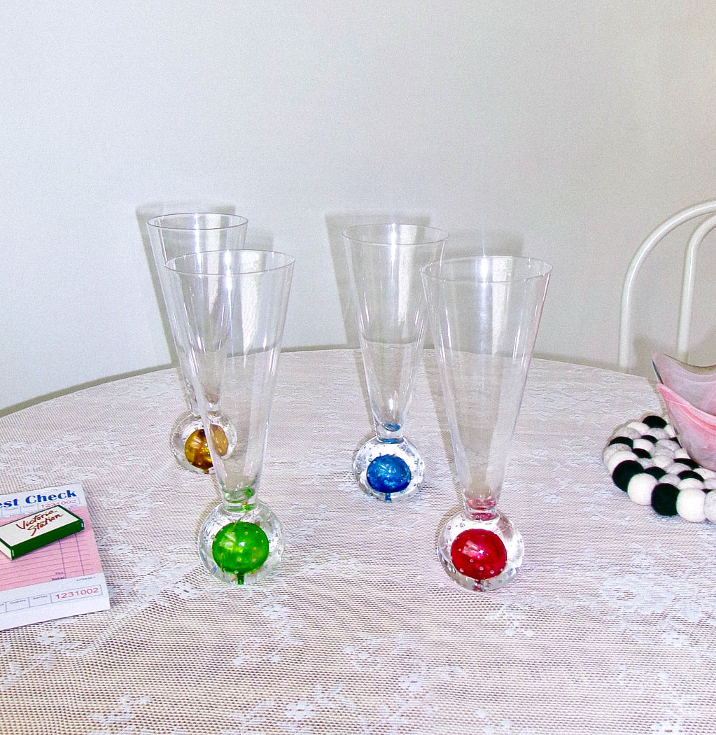 MCM Art Glass Barware Flutes Controlled Bubble Base
