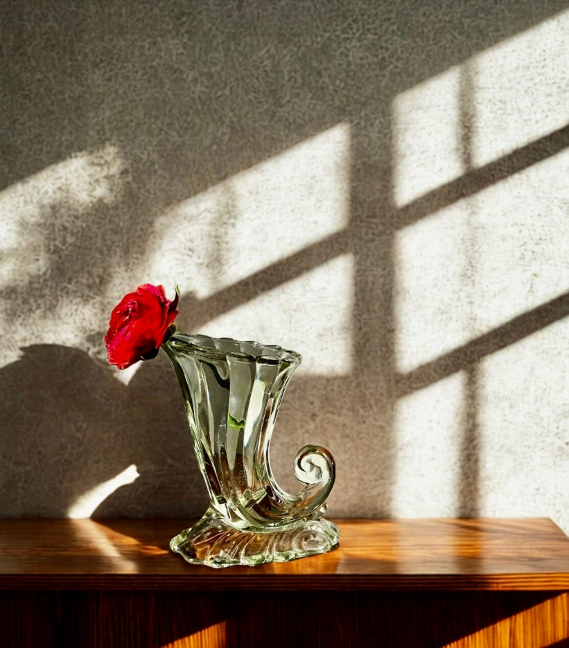 Vintage Fluted Glass Cornucopia Vase