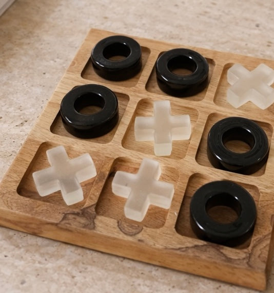 Modern Wood Tic Tac Toe Board with Sculptural Pieces